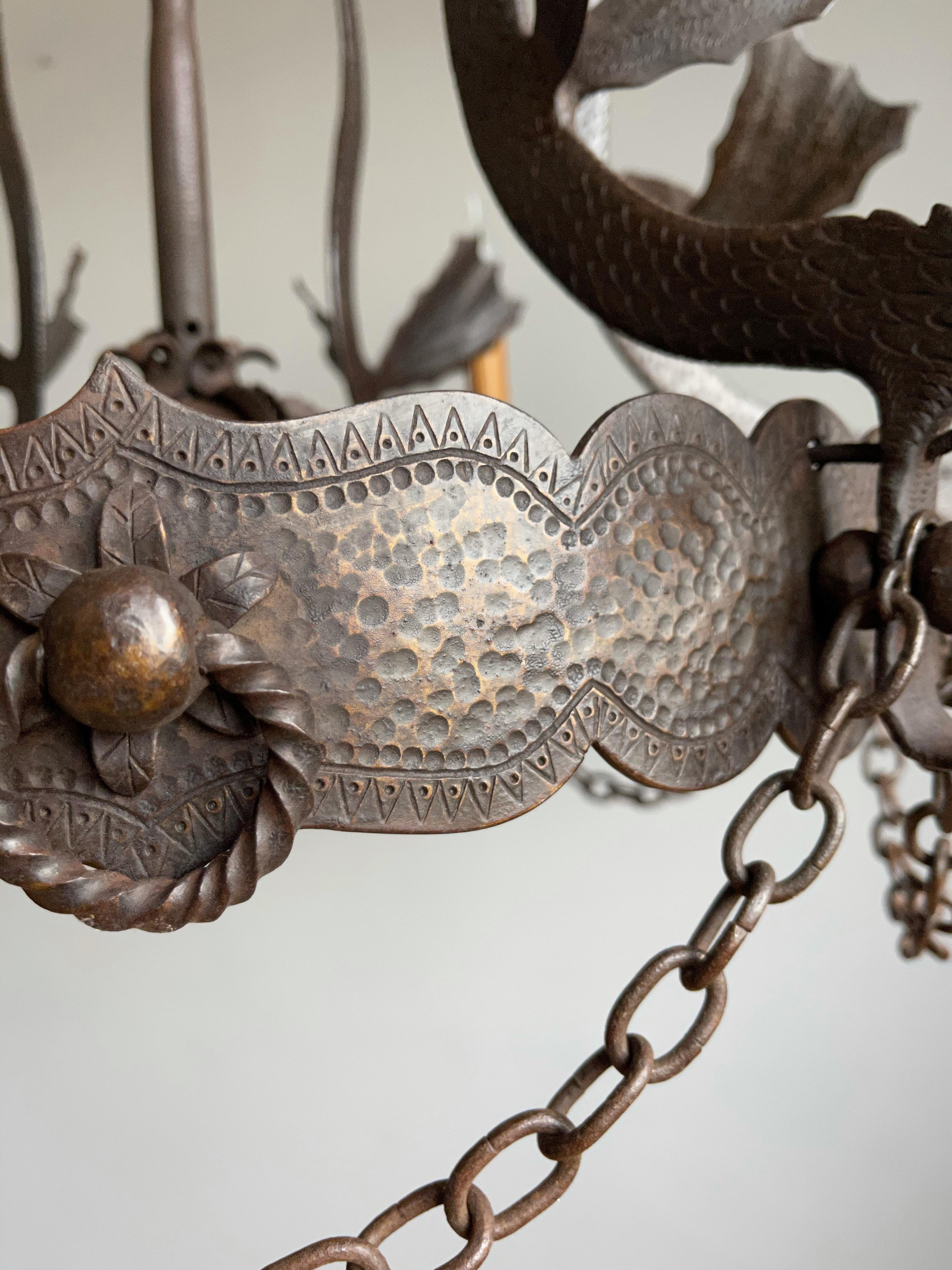 Impressive Large Forged Wrought Iron Seven-Light Chandelier w Dragon Sculptures 3