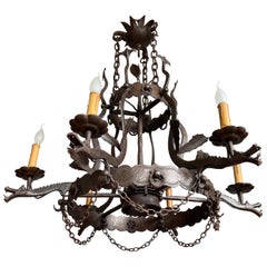 Impressive Large Forged Wrought Iron Seven-Light Chandelier w Dragon Sculptures