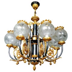 Impressive Large French Empire Patinated & Gilt Bronze 8 Etched Globe Chandelier