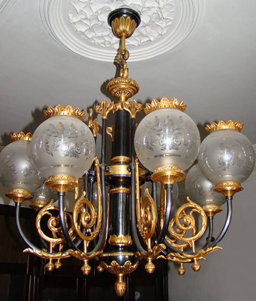 Cast Impressive Large French Empire Patinated & Gilt Bronze 8 Etched Globe Chandelier For Sale