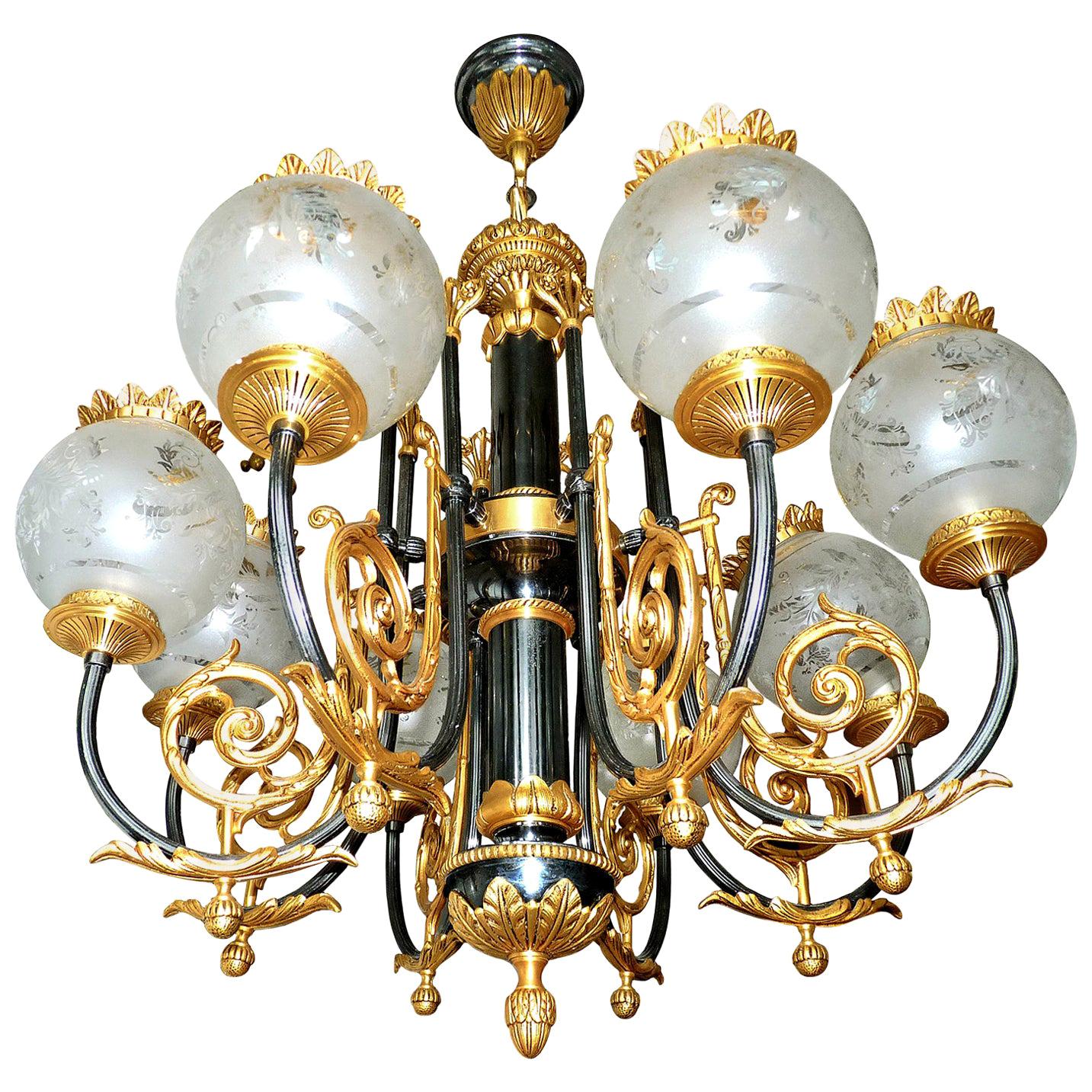 Impressive Large French Empire Patinated & Gilt Bronze 8 Etched Globe Chandelier For Sale