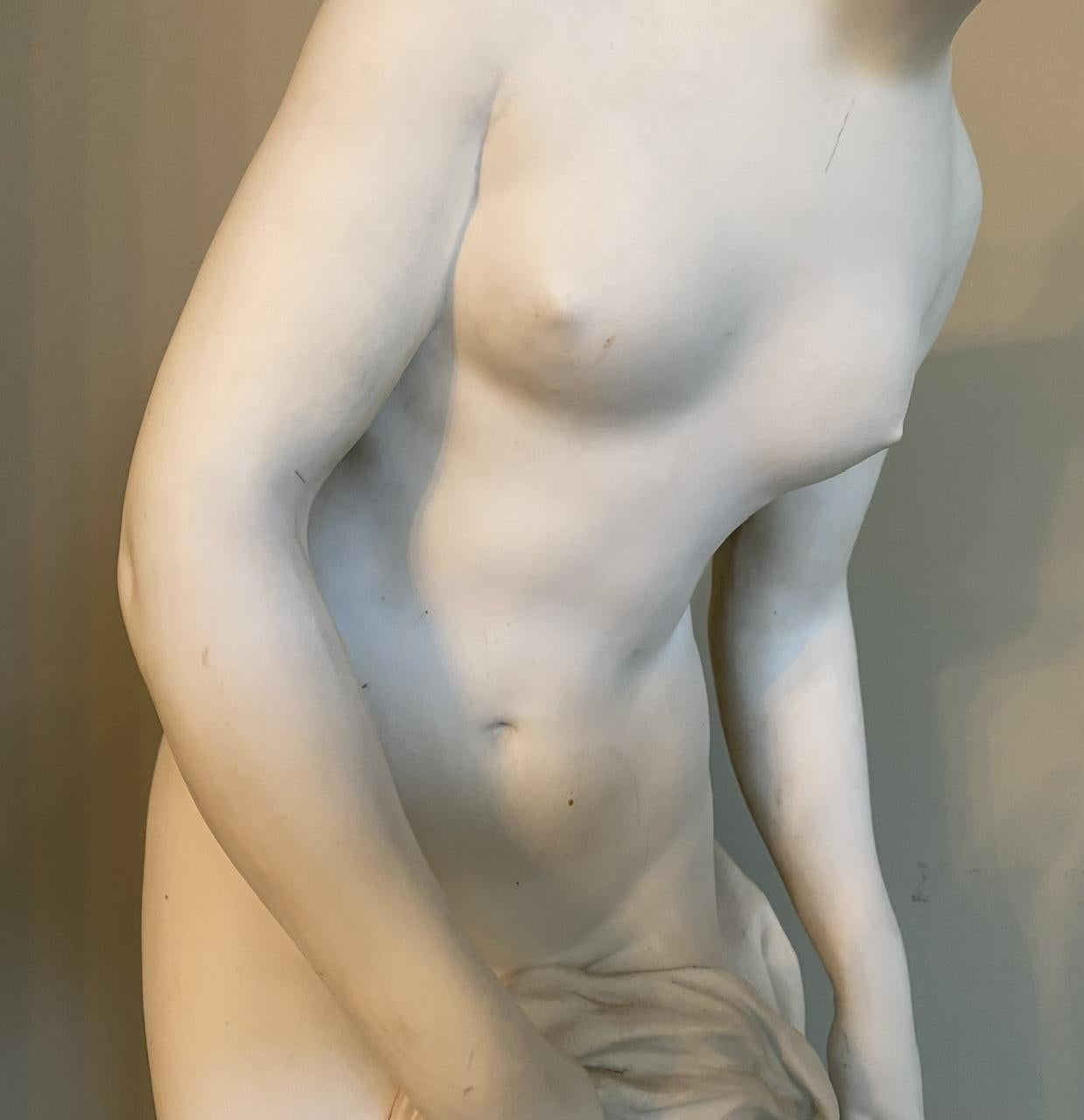 An extremely impressive Large Size French Parian Figure. Very well Modelled as a classical nude. In excellent original condition bar a few nibbles round the bottom of the base as is typical with Parian. 
Height 71 cm
Base Diameter 24 cm