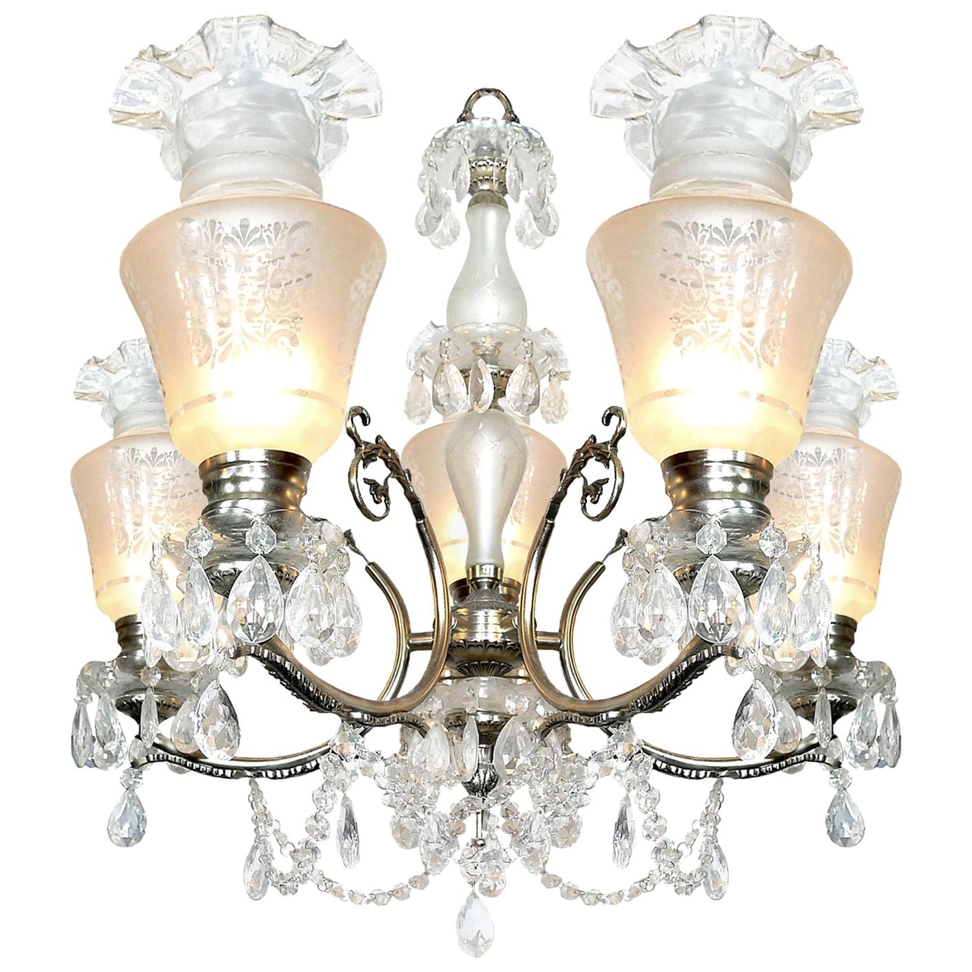 Stunning large French Empire in solid cast nickel and etched ruffled glass shades chandelier with large crystal drops and swags
Measures:
Diameter 32 in/ 80 cm
Height 50 in (32 in+ 22 in/chain) / 125 cm (80 cm + 55 cm/chain)
Glass jar shades 8 in