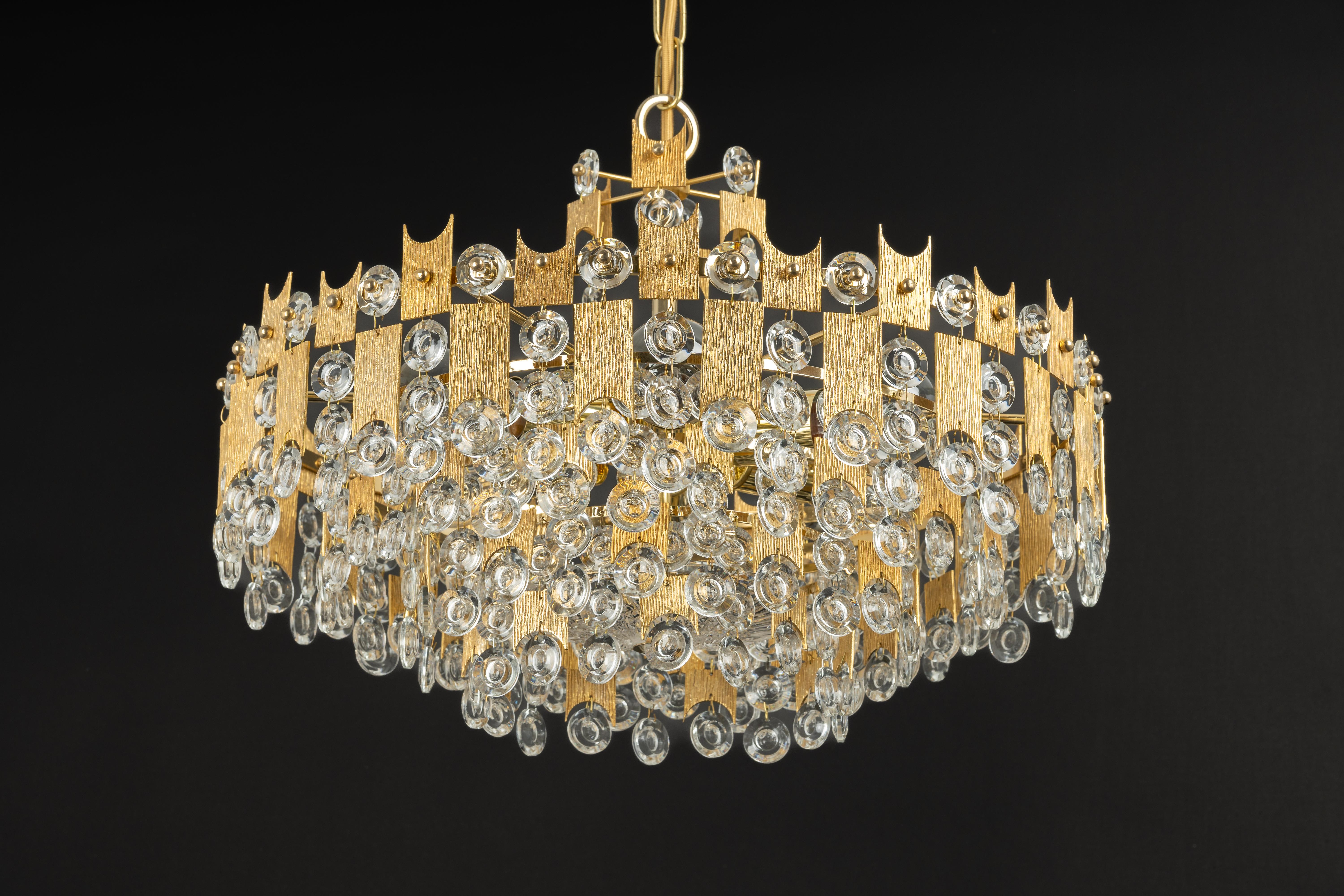 Impressive Large Gilt Brass and Crystal Glass Chandelier by Palwa Germany, 1960s For Sale 8