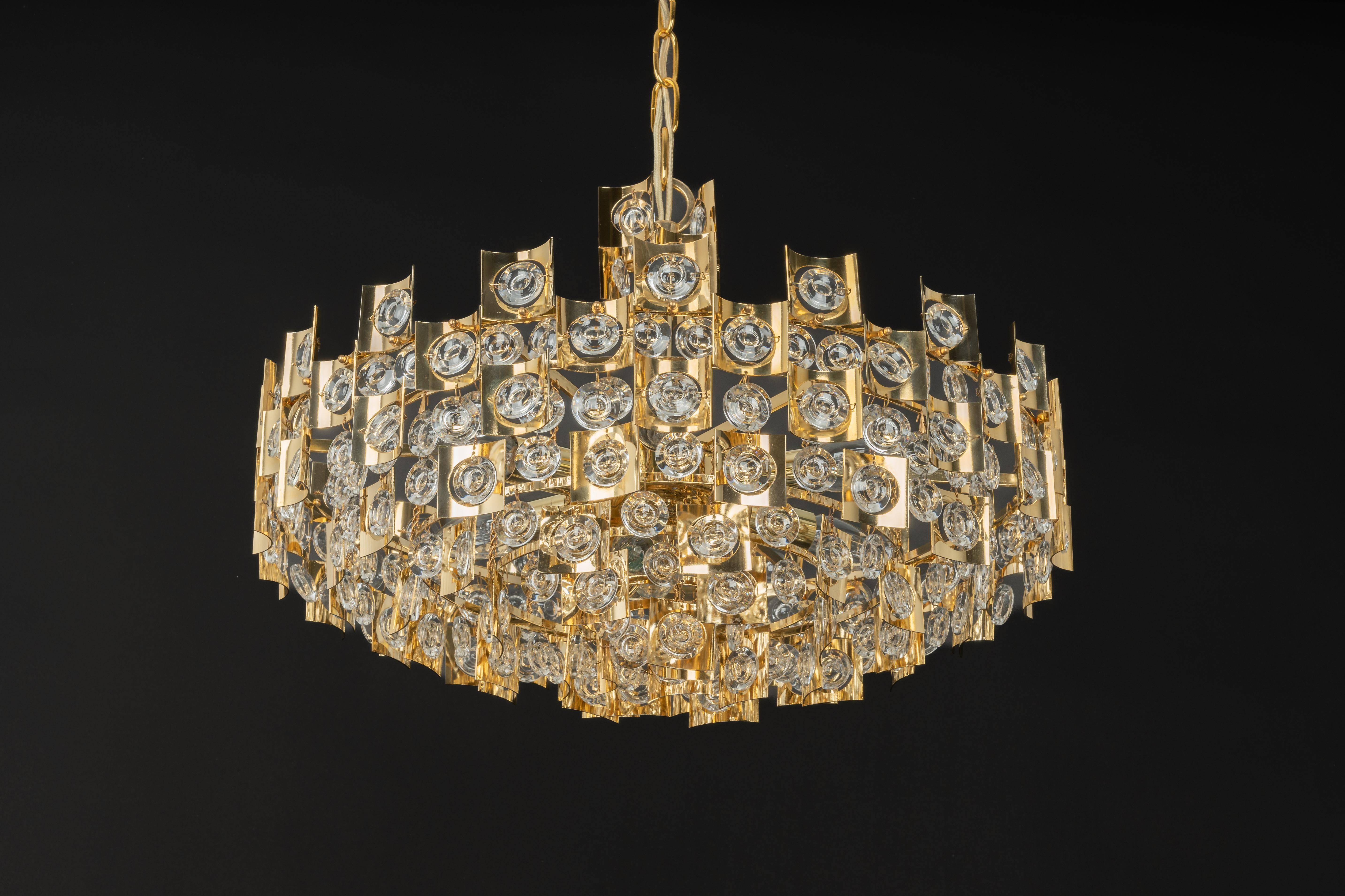 Impressive Large Gilt Brass and Crystal Glass Chandelier by Palwa Germany, 1960s For Sale 8