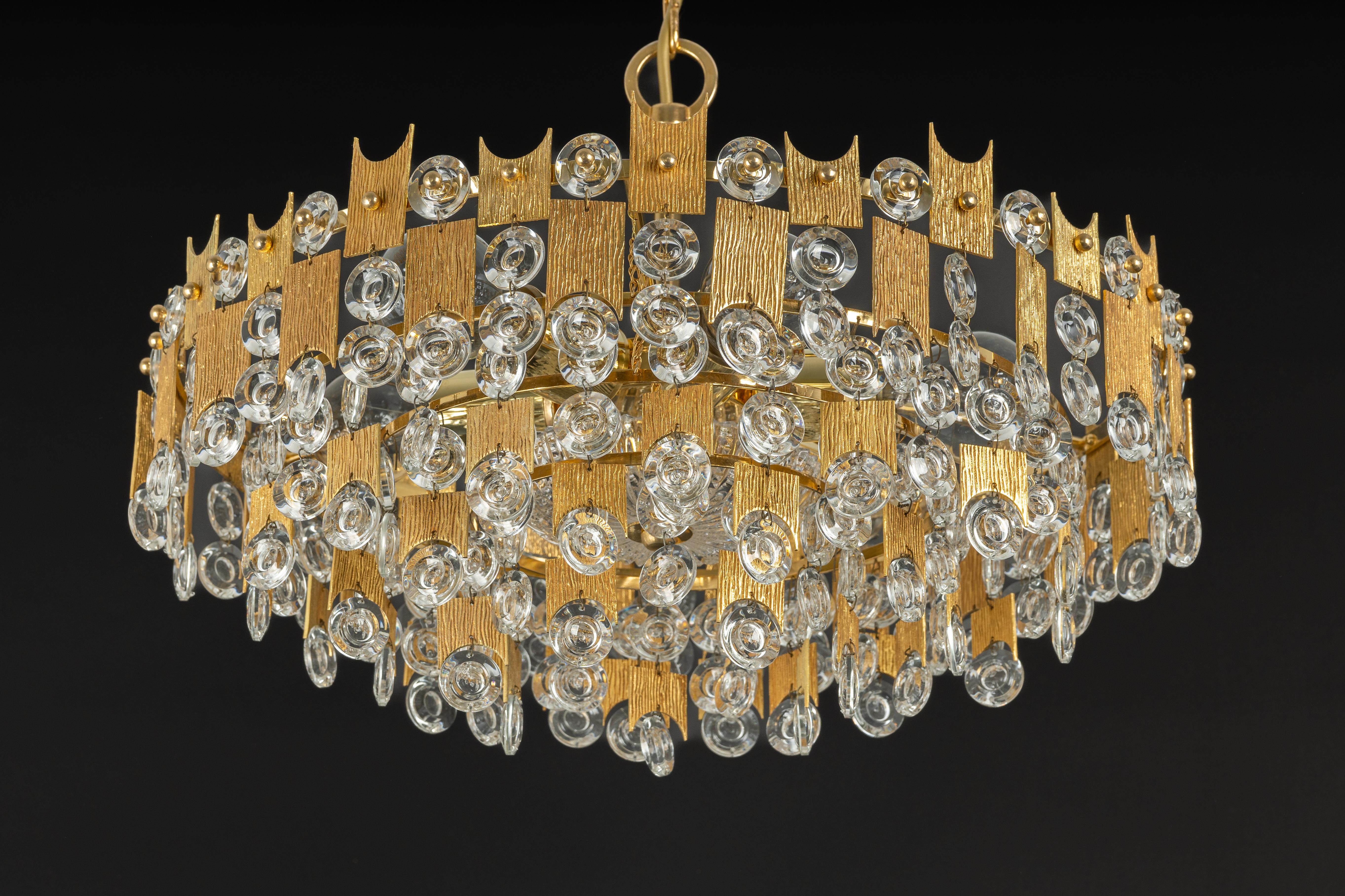 Impressive Large Gilt Brass and Crystal Glass Chandelier by Palwa Germany, 1960s For Sale 12