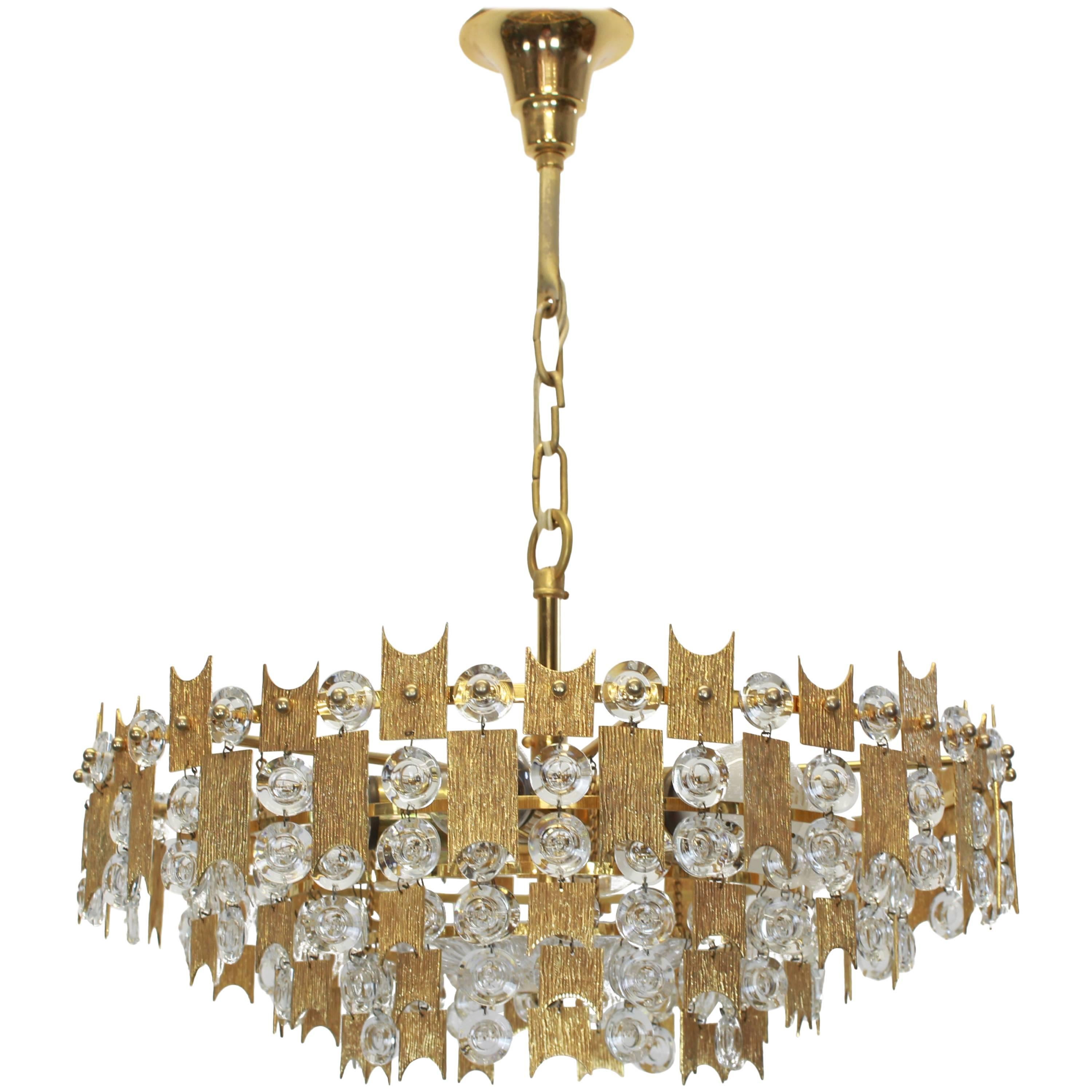 Mid-Century Modern 1 of 2 Impressive Large Gilt Brass and Crystal Chandelier- Palwa -Germany, 1960s For Sale
