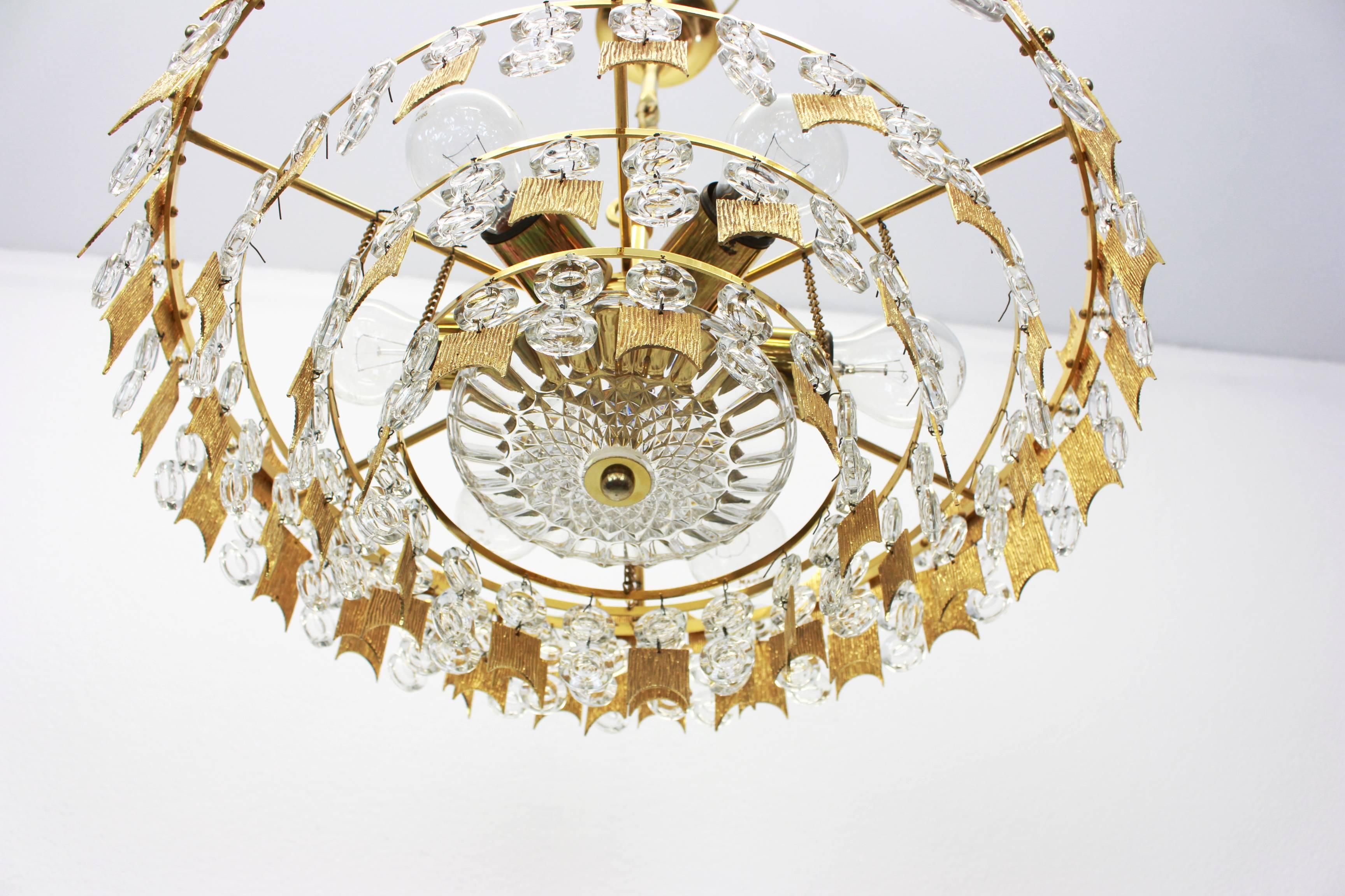 1 of 2 Impressive Large Gilt Brass and Crystal Chandelier- Palwa -Germany, 1960s For Sale 2