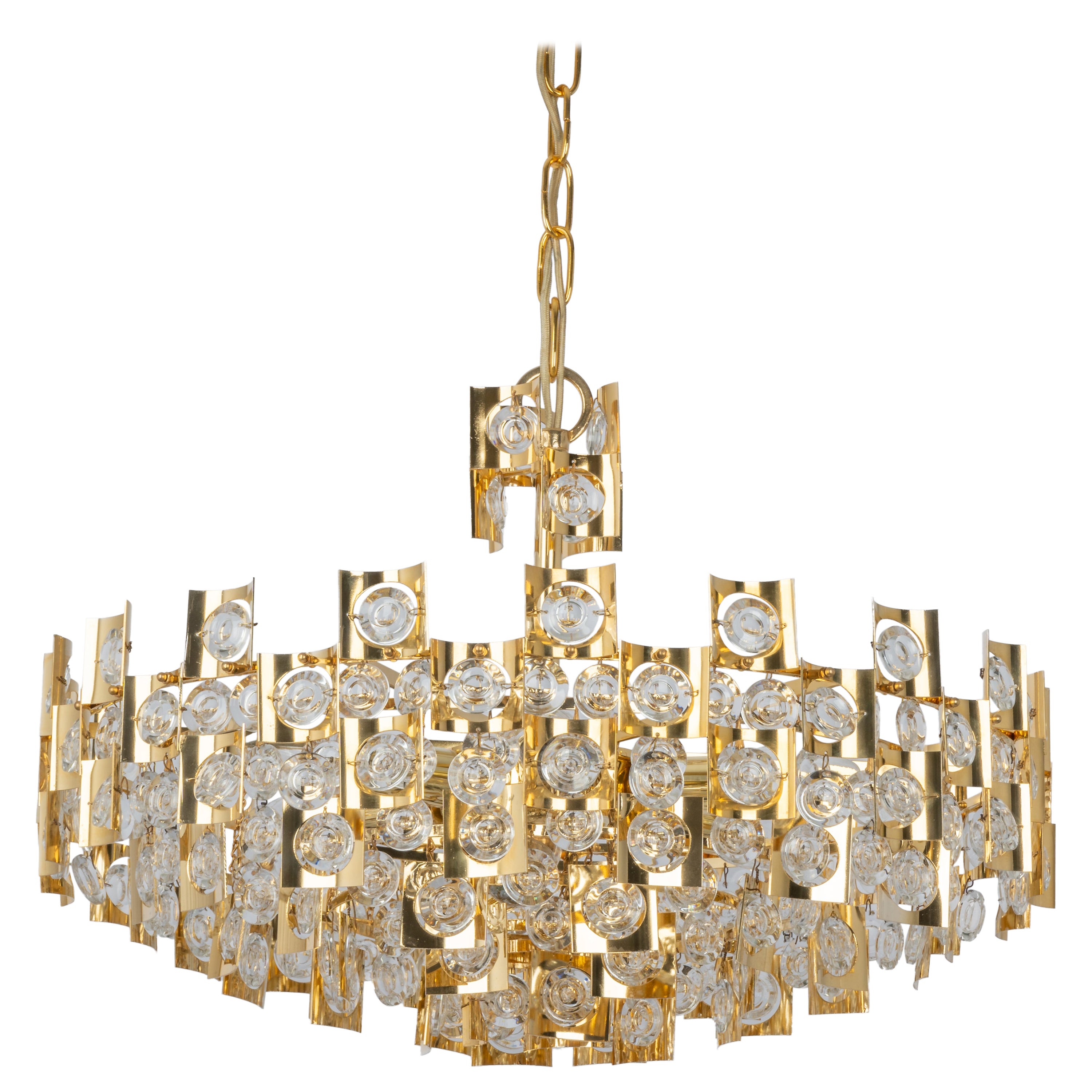 Impressive Large Gilt Brass and Crystal Glass Chandelier by Palwa Germany, 1960s