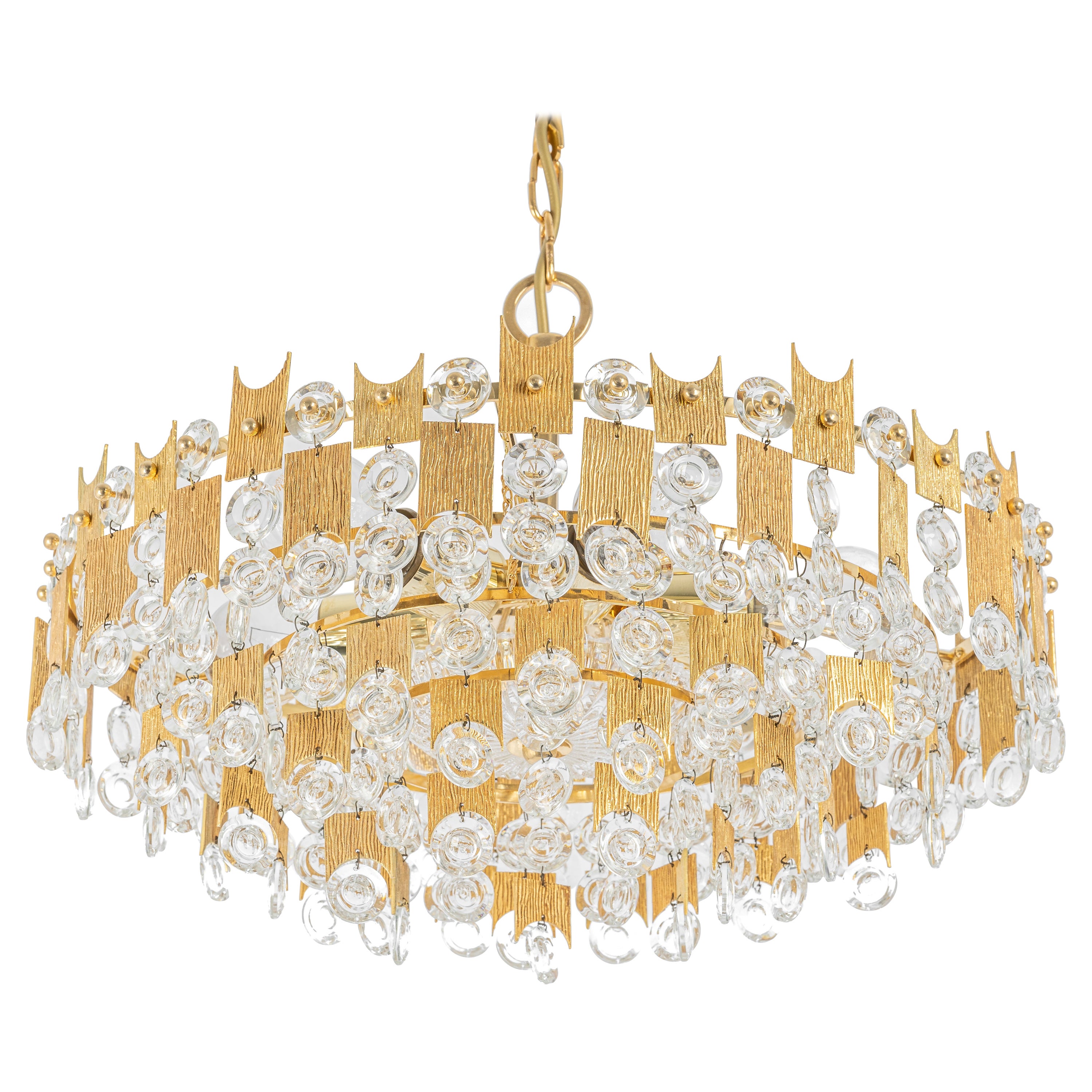 Impressive Large Gilt Brass and Crystal Glass Chandelier by Palwa Germany, 1960s