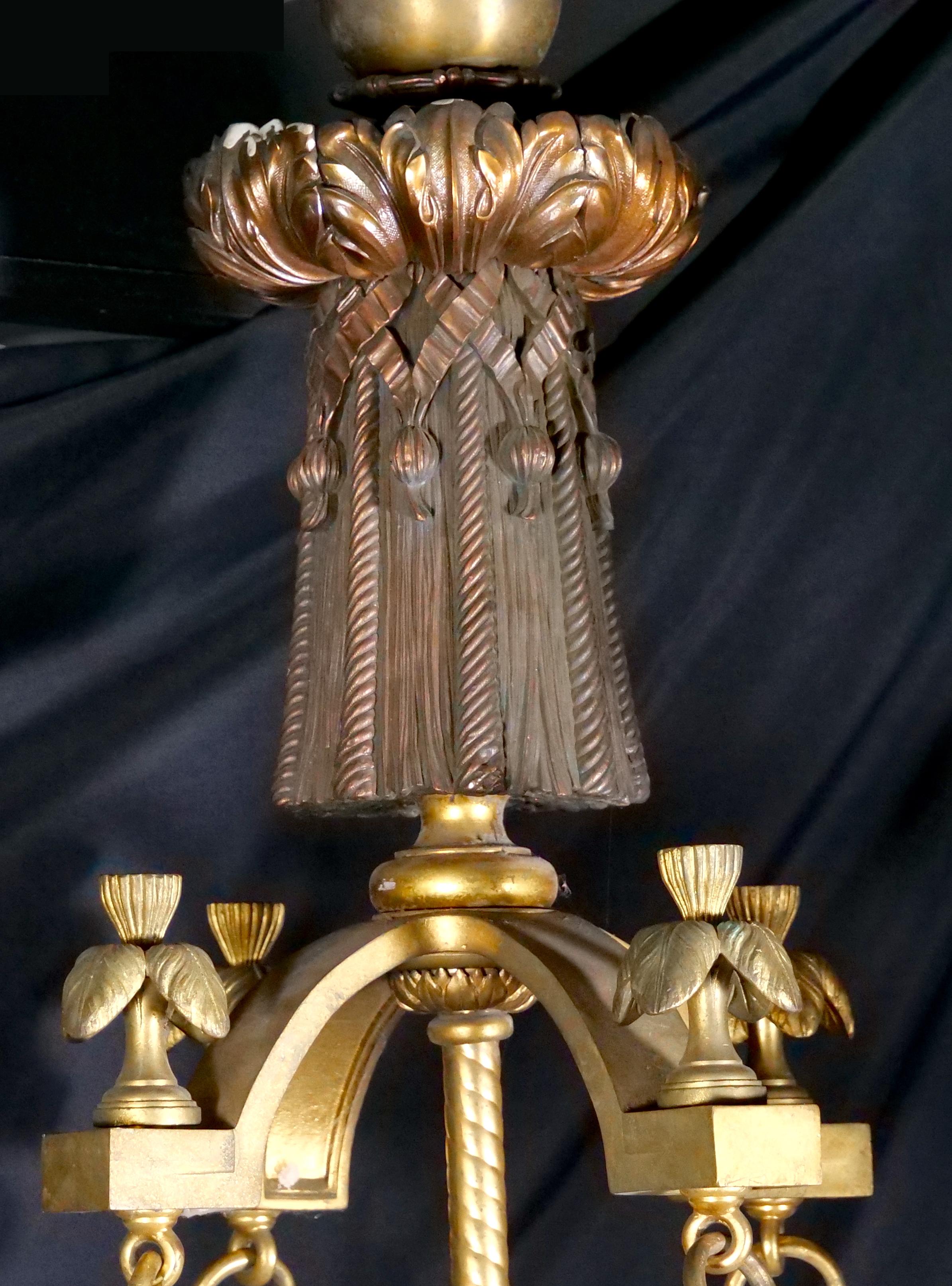 Early 20th Century Impressive & Large Gilt Bronze / Art Glass Holding Base Chandelier For Sale