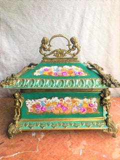 Bronze Gilt Green Panelled Floral Large Jewellery Casket in the Manner of Sevres