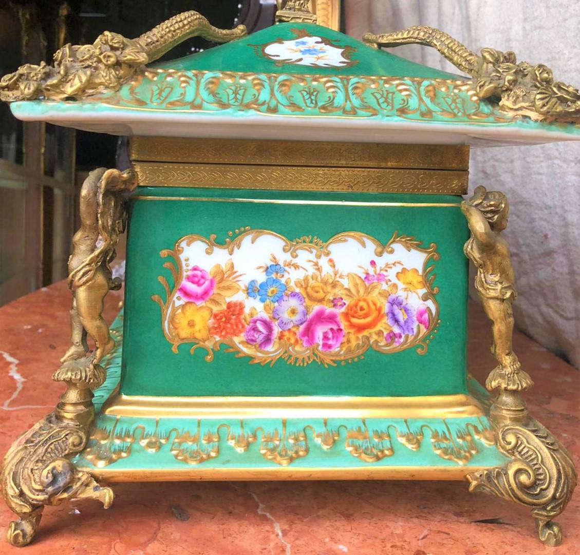 French Provincial Bronze Gilt Green Panelled Floral Large Jewellery Casket in the Manner of Sevres For Sale