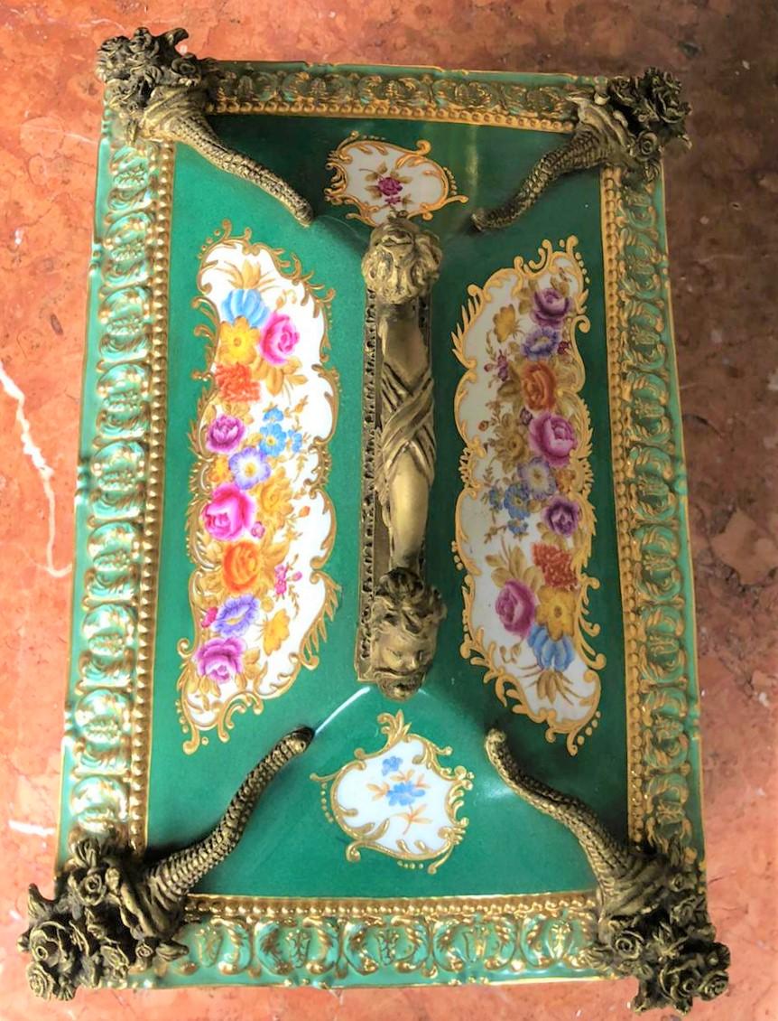 French Bronze Gilt Green Panelled Floral Large Jewellery Casket in the Manner of Sevres For Sale