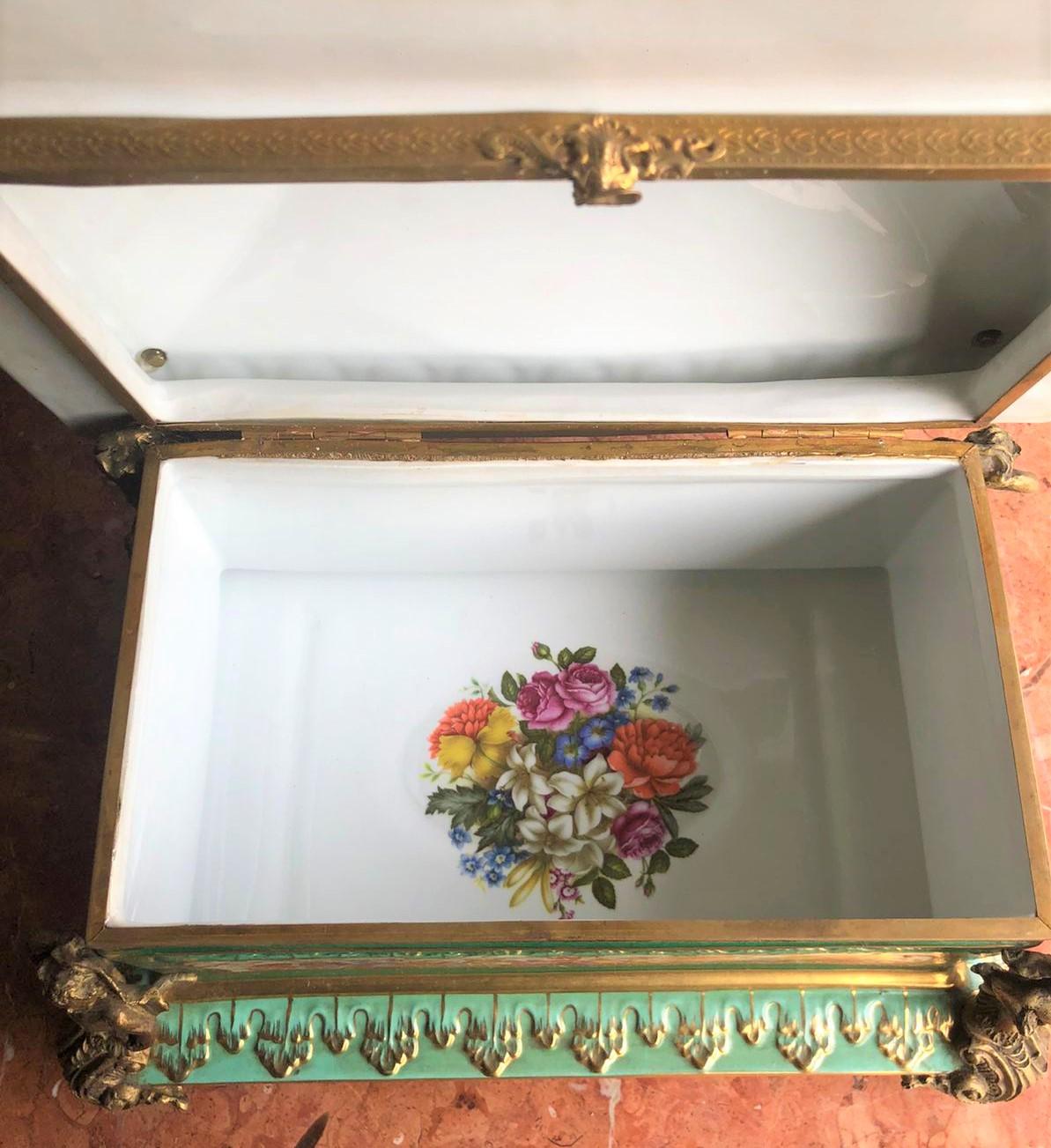Bronze Gilt Green Panelled Floral Large Jewellery Casket in the Manner of Sevres In Excellent Condition For Sale In London, GB