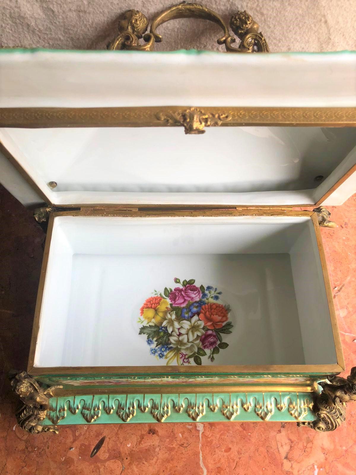 Bronze Gilt Green Panelled Floral Large Jewellery Casket in the Manner of Sevres For Sale 1