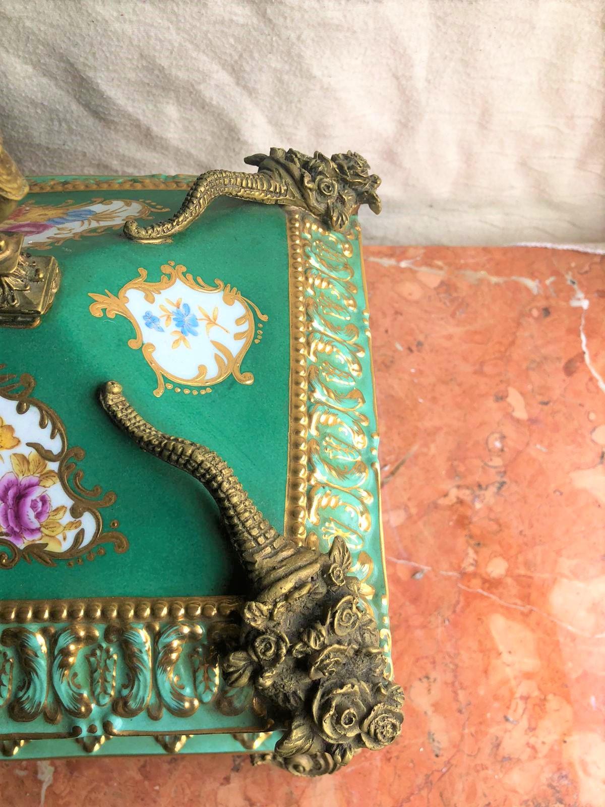 Bronze Gilt Green Panelled Floral Large Jewellery Casket in the Manner of Sevres For Sale 3