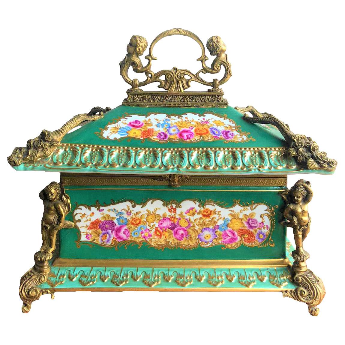 Bronze Gilt Green Panelled Floral Large Jewellery Casket in the Manner of Sevres For Sale