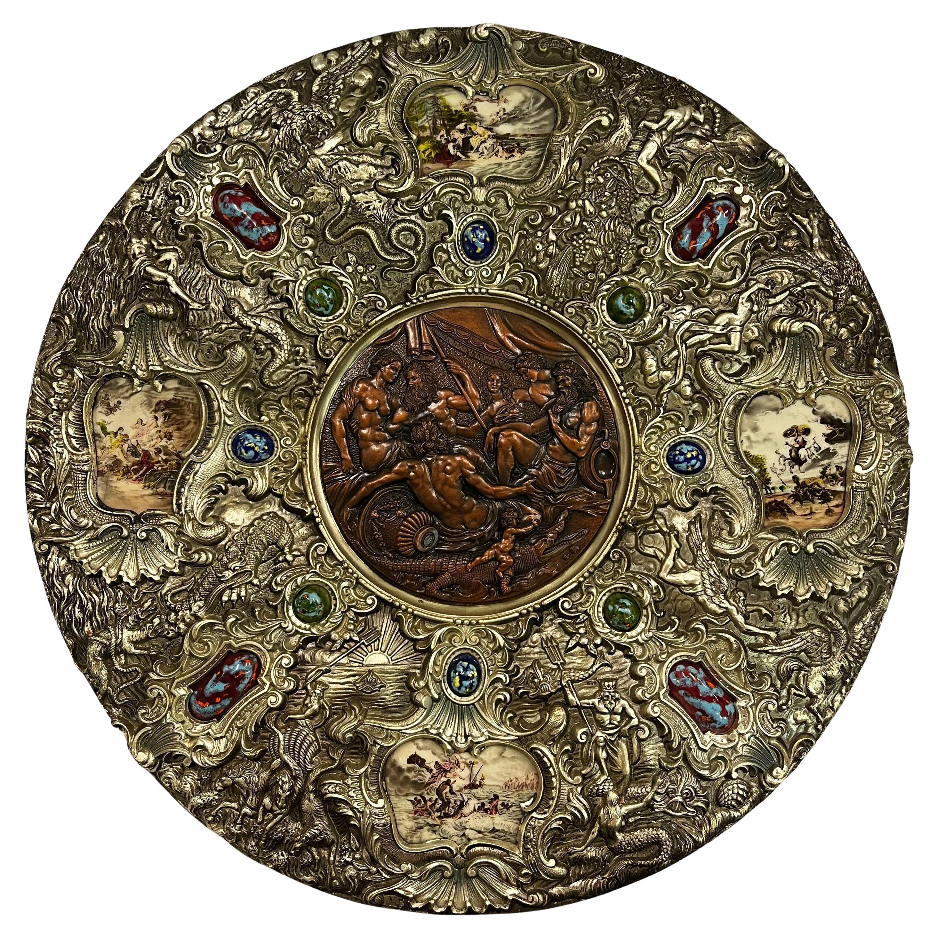 Beeindruckende große Medaillon Platte Emaille Bronze Mythologie Renaissance-Stil Spanien im Angebot