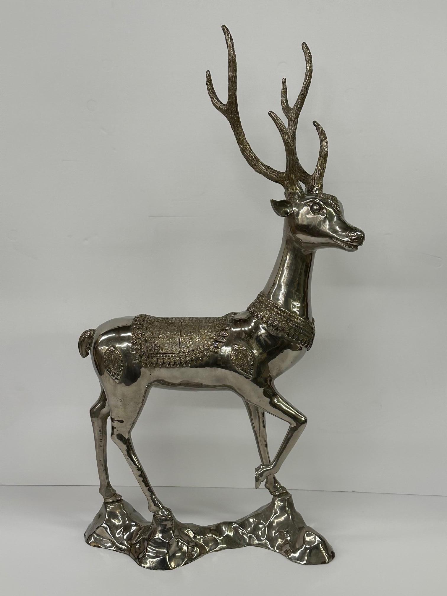 Indian Impressive Large Nickel Plated Brass Deer Sculpture with Meticulous Detail For Sale