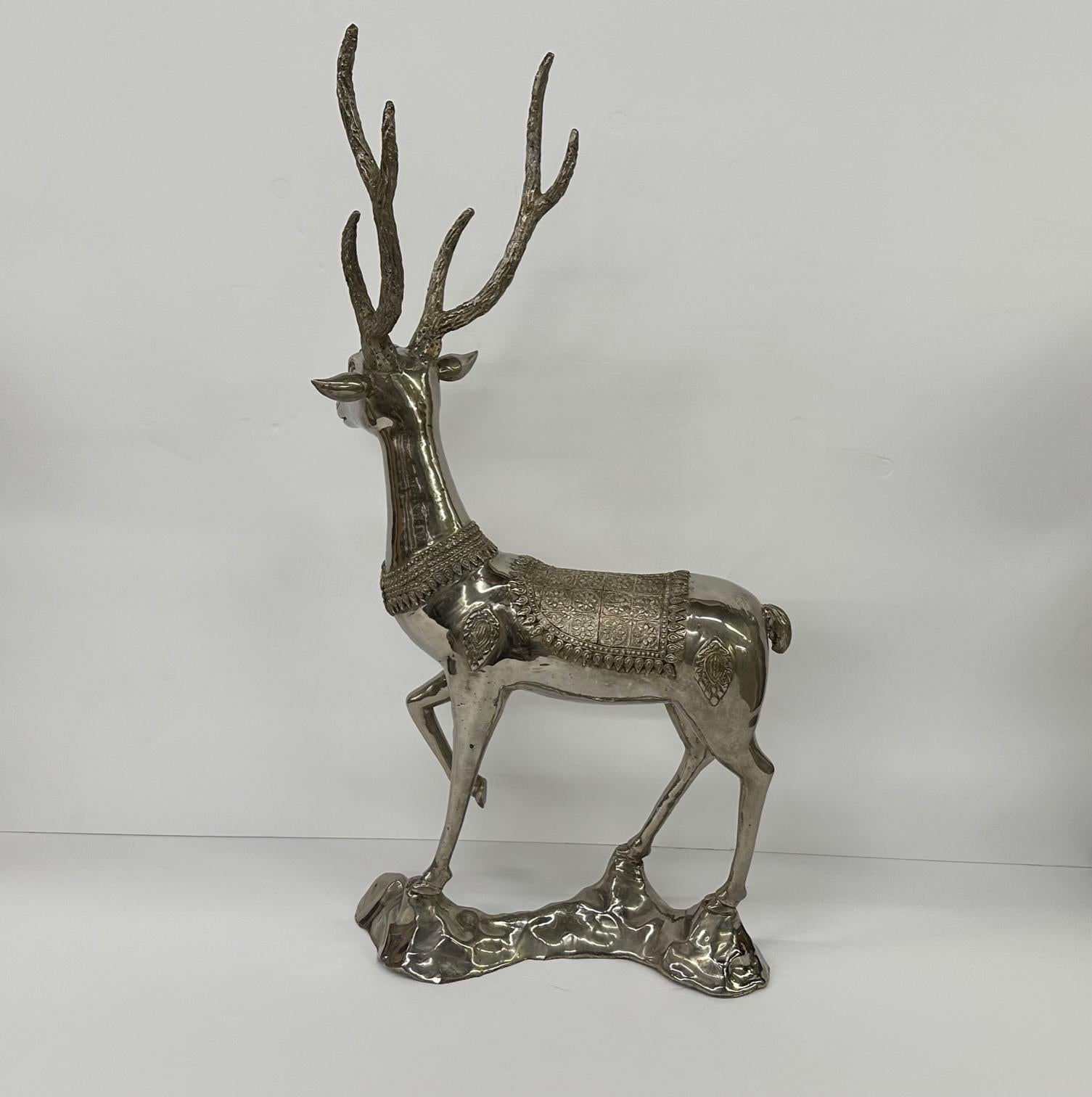 Impressive Large Nickel Plated Brass Deer Sculpture with Meticulous Detail For Sale 1