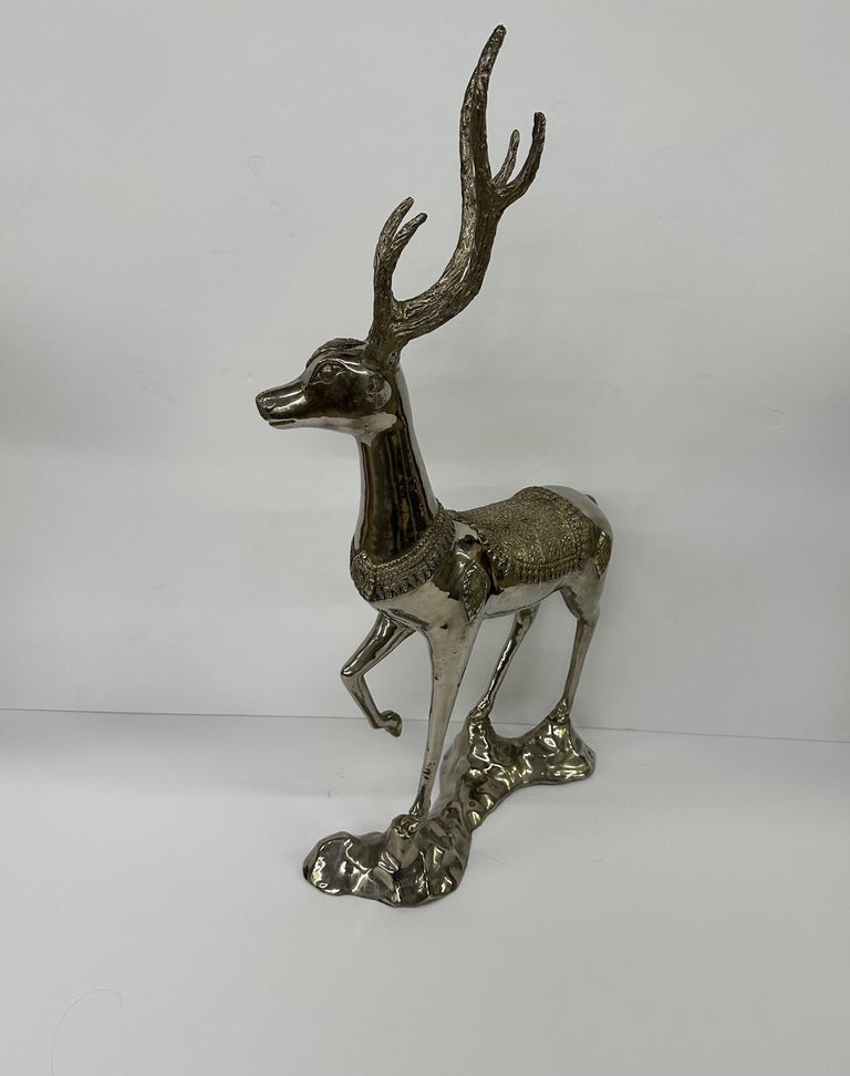 Impressive Large Nickel Plated Brass Deer Sculpture with Meticulous