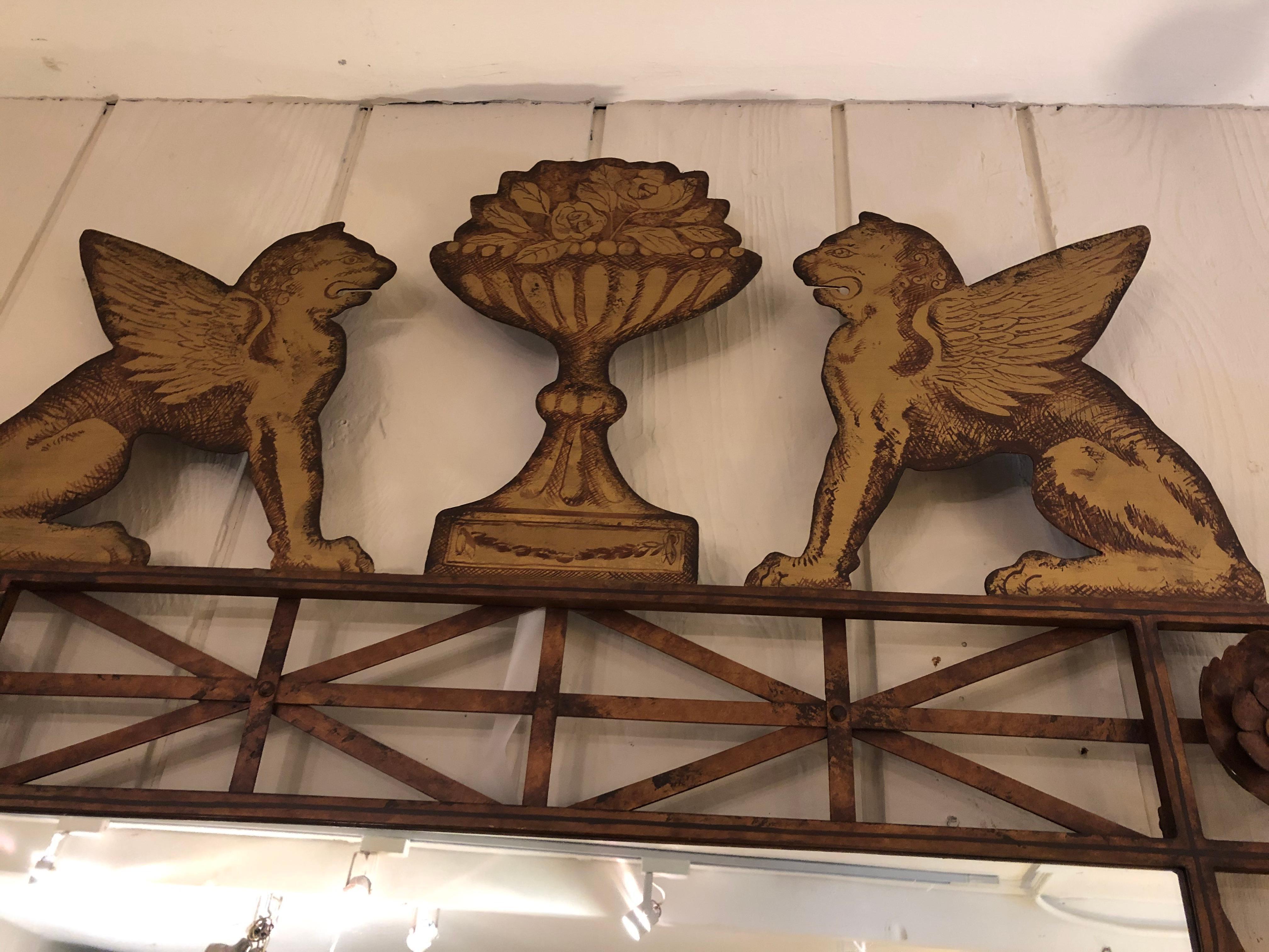 Impressive Large Pair of Gilt Iron & Tole Mirrors with Winged Griffins 4