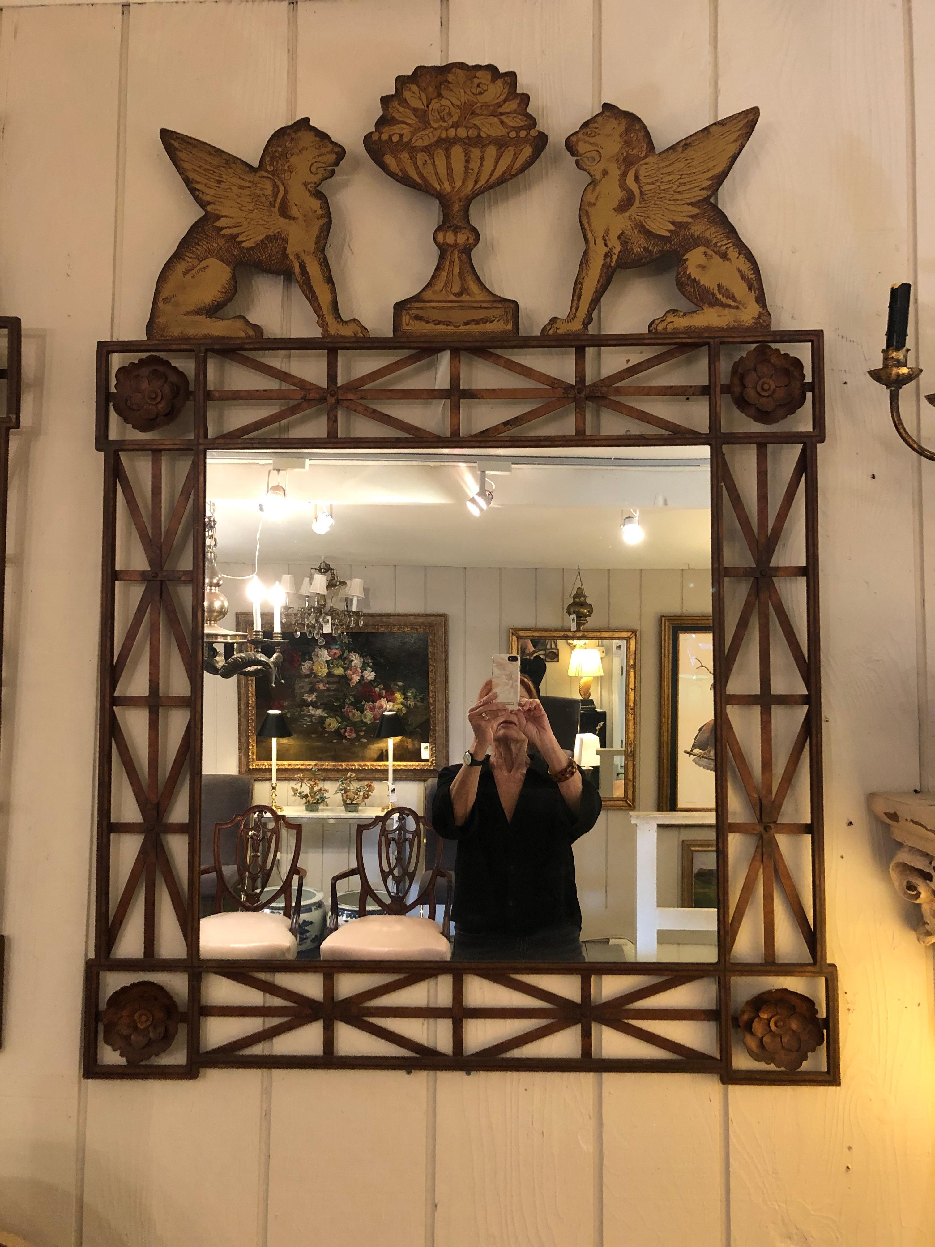 Impressive Large Pair of Gilt Iron & Tole Mirrors with Winged Griffins 6