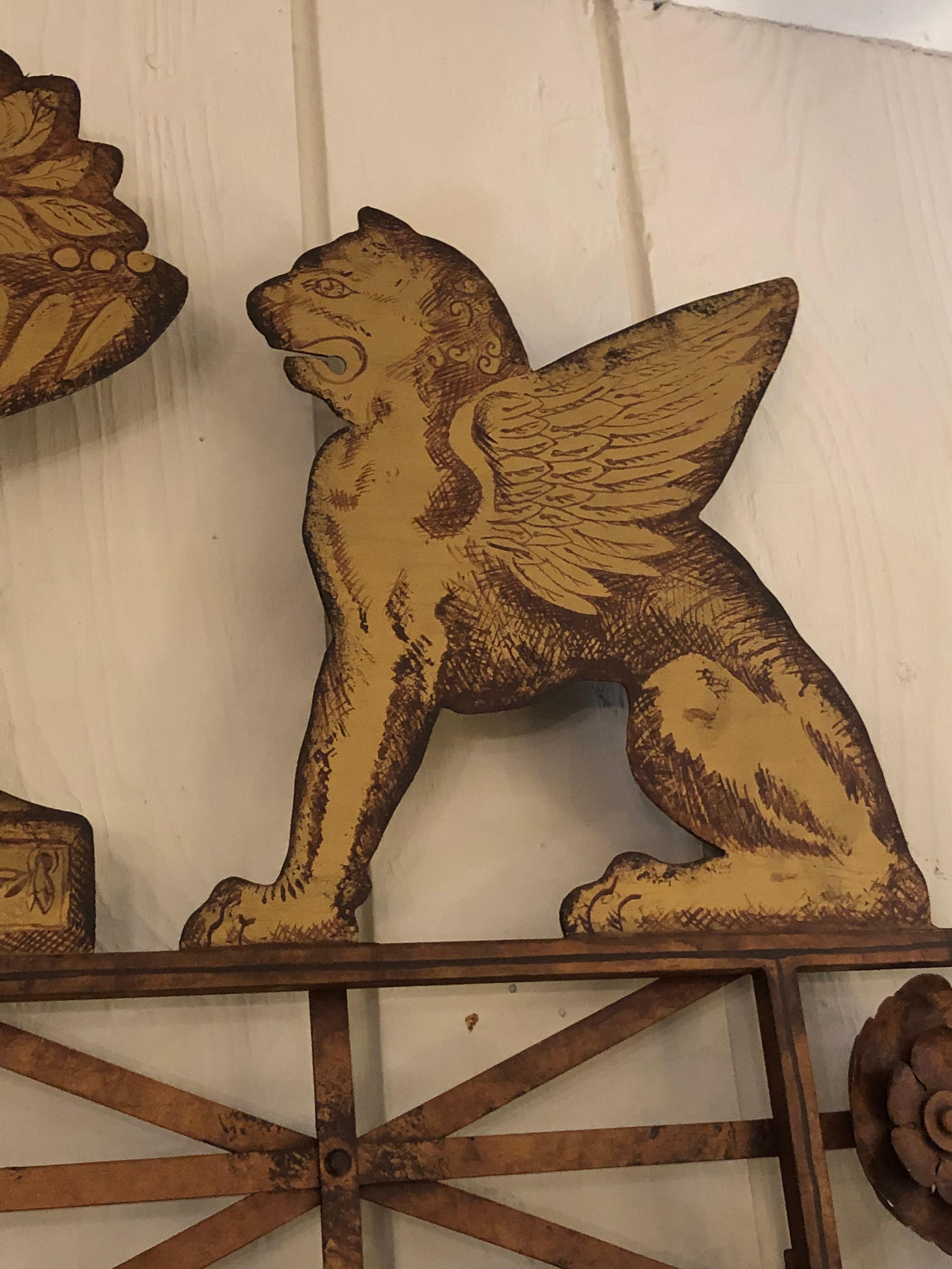 Impressive Large Pair of Gilt Iron & Tole Mirrors with Winged Griffins In Good Condition In Hopewell, NJ