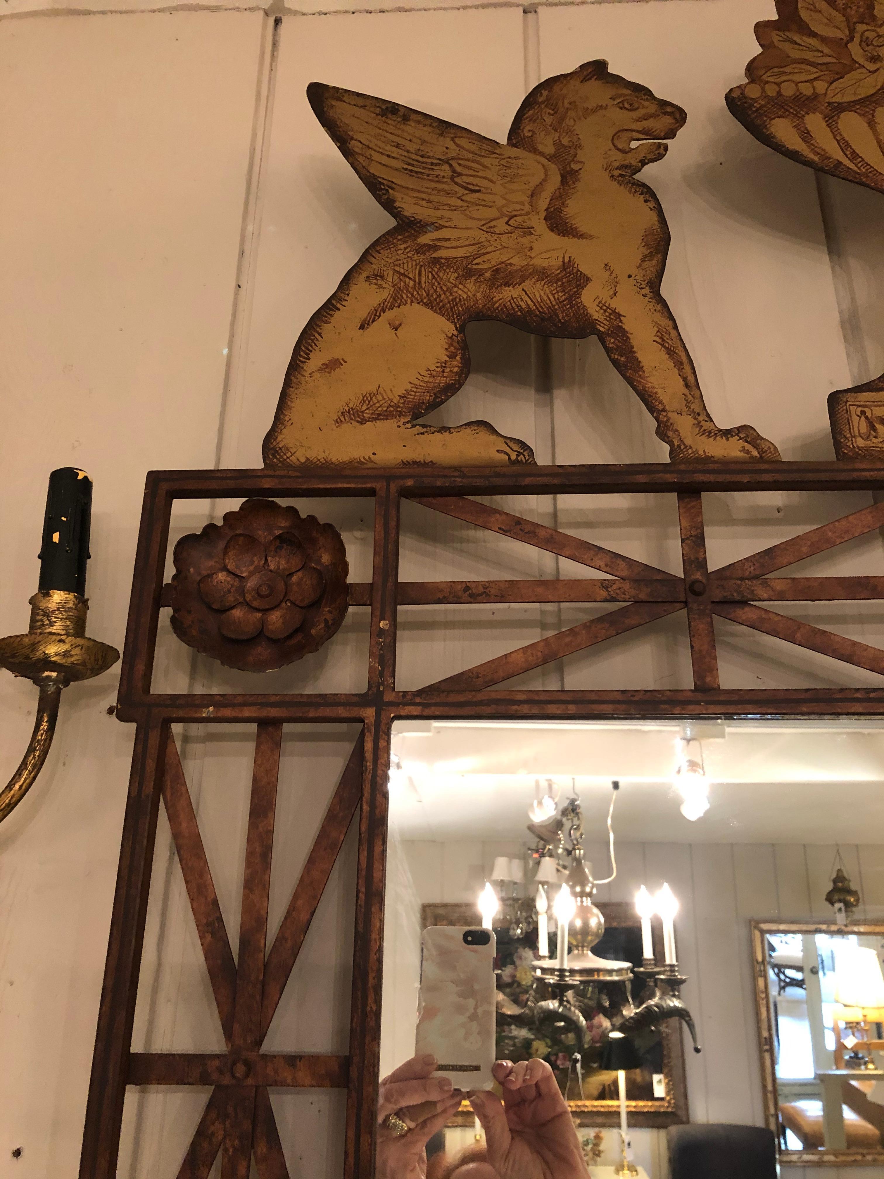 Contemporary Impressive Large Pair of Gilt Iron & Tole Mirrors with Winged Griffins
