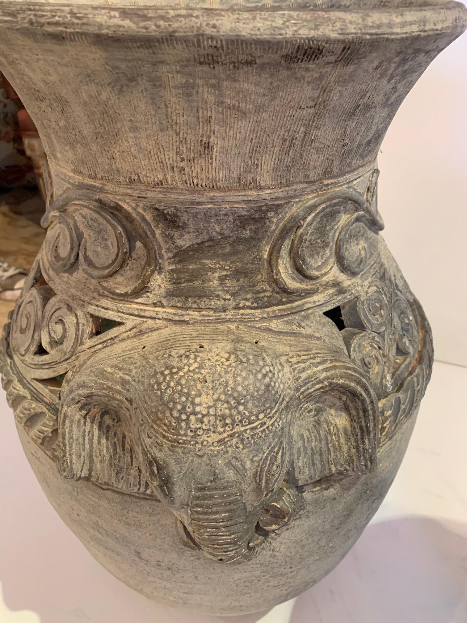Late 20th Century Impressive Large Pair of Terracotta Elephant Motife Urns Vessels