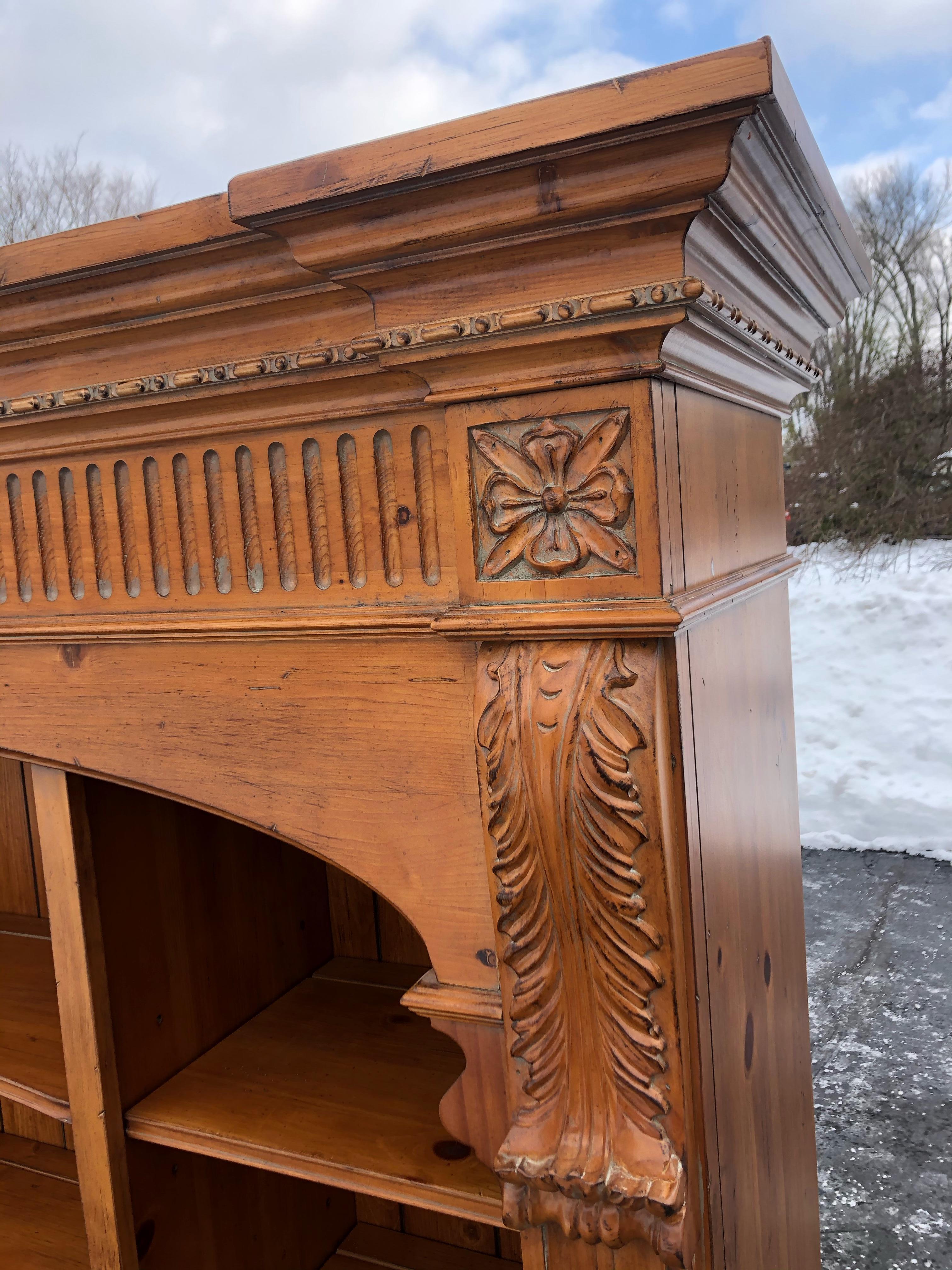 Majestic Ethan Allen library bookcase from their Legacy collection. Pine wood with screwed in shelving. Top hutch piece separates from the base.
Measures: Top hutch piece
60 H x 77 W x 18 D
Bottom
31 H x 74 W x 18 D.