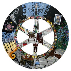 Impressionnante grande peinture ronde Studio A 360 sur roue industrielle