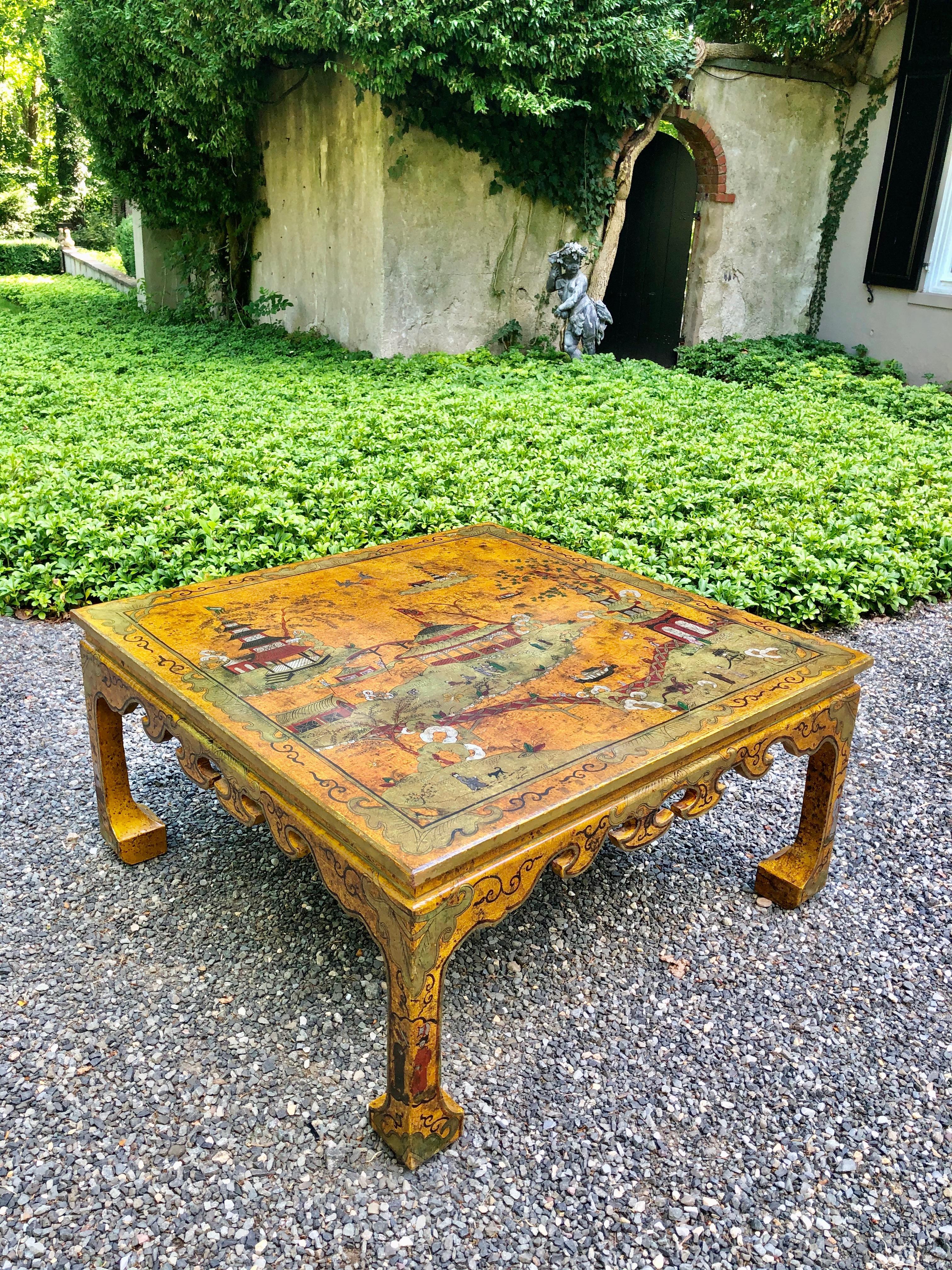 Impressive Large Square Hand Painted Chinoiserie Coffee Table 5