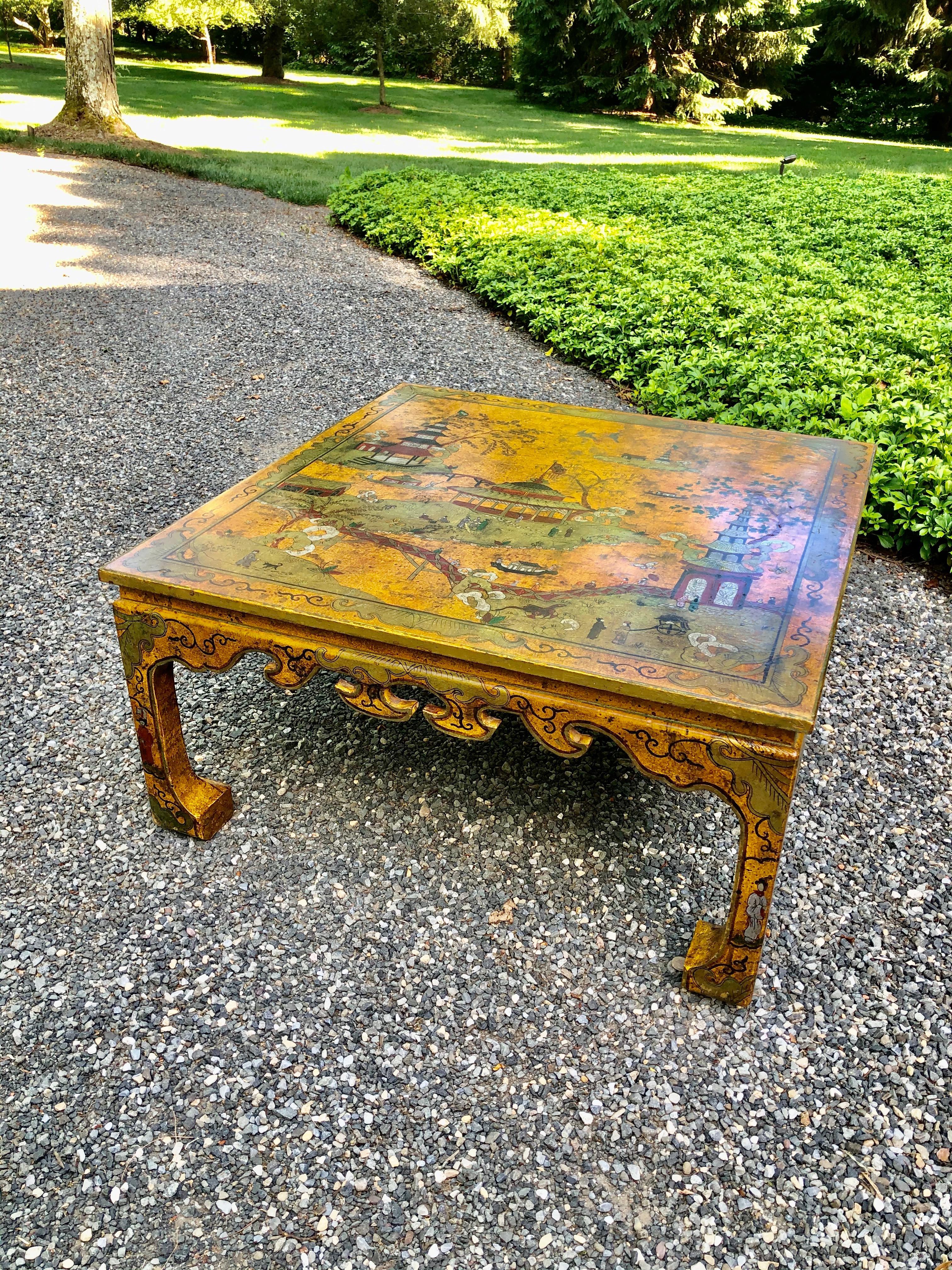Impressive Large Square Hand Painted Chinoiserie Coffee Table 10