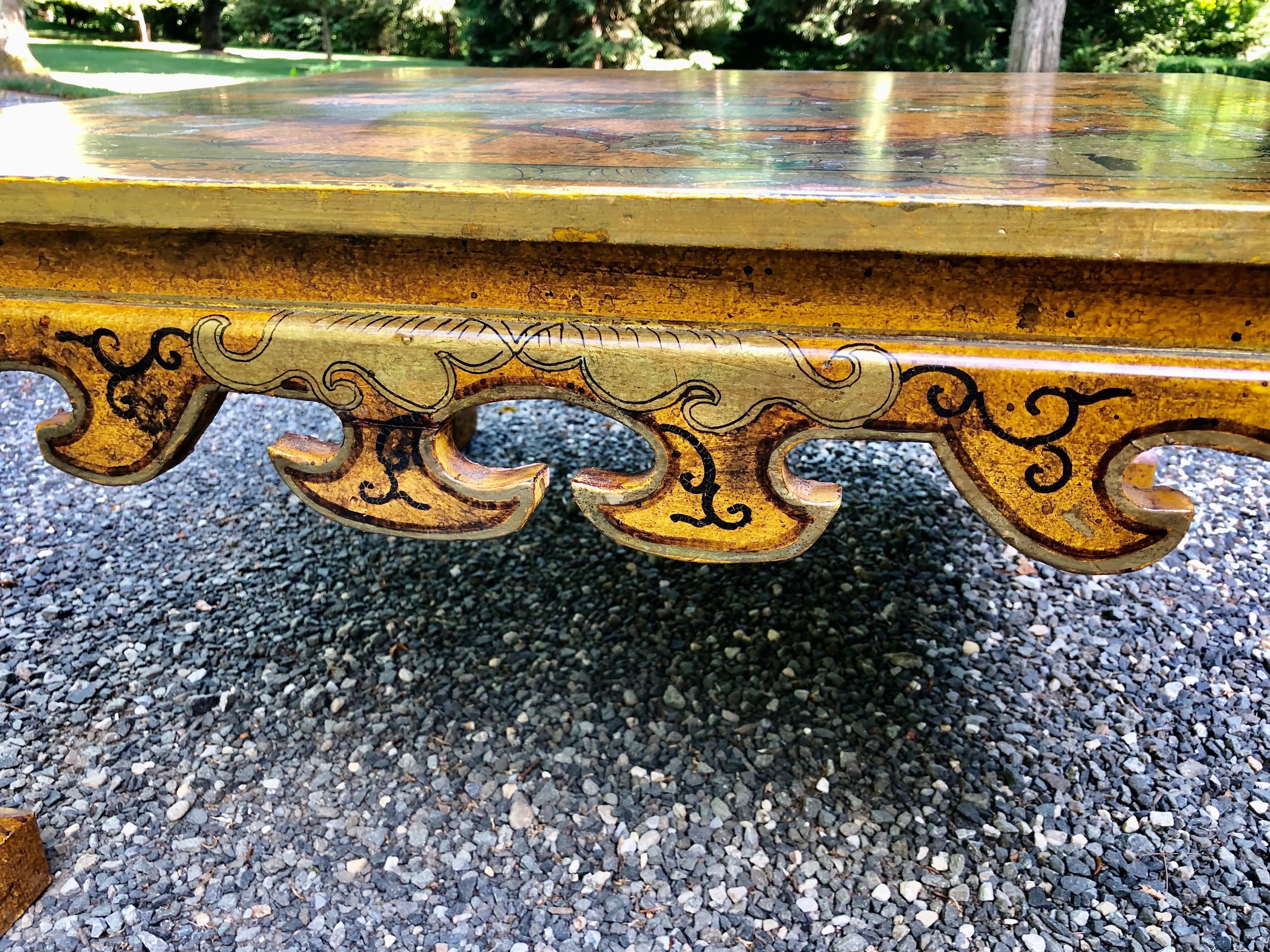 American Impressive Large Square Hand Painted Chinoiserie Coffee Table