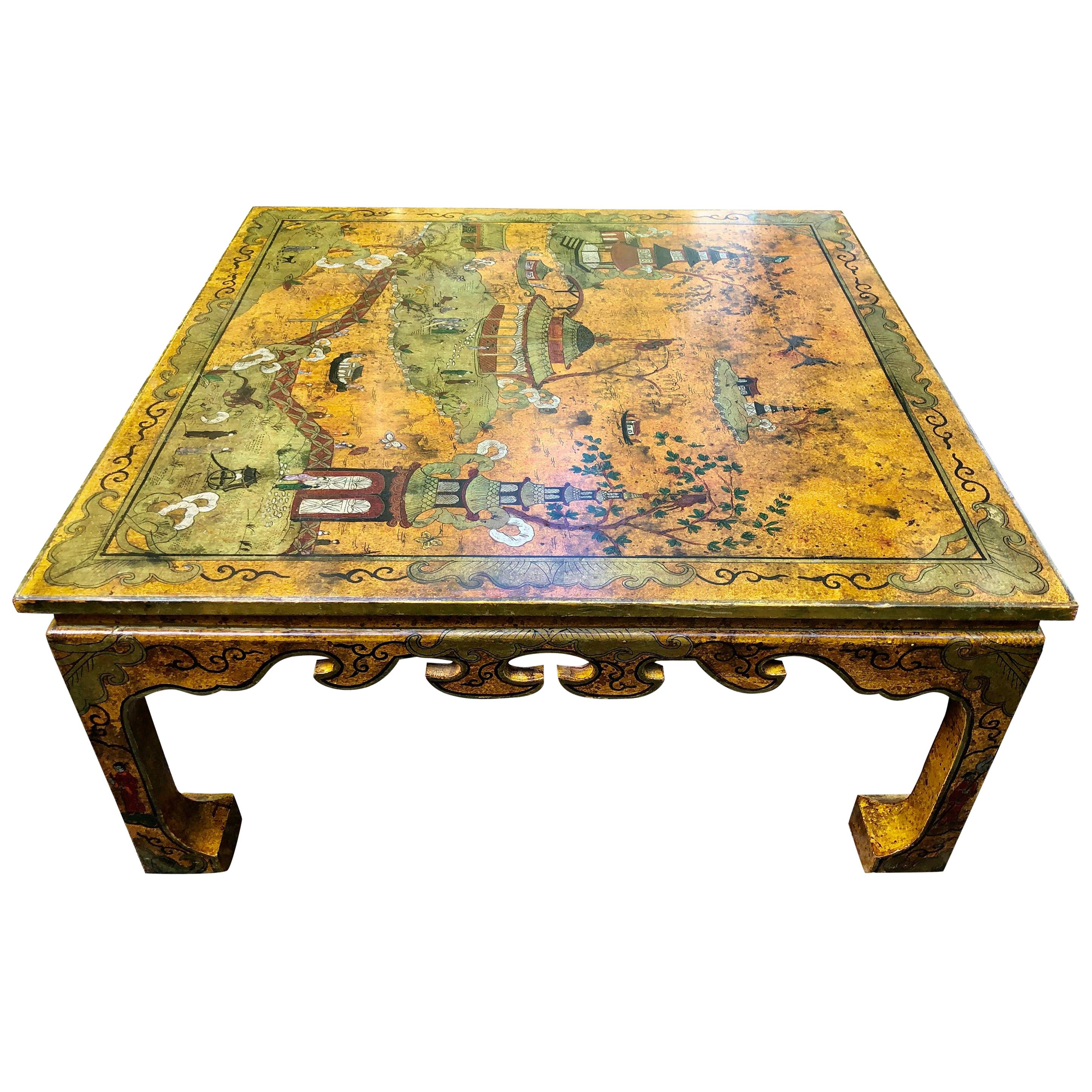 Impressive Large Square Hand Painted Chinoiserie Coffee Table