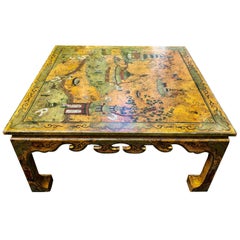 Impressionnante grande table basse carrée peinte à la main de style chinoiserie