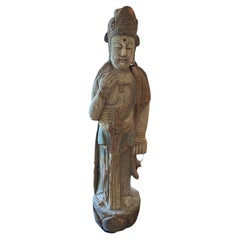 Impressive Large Standing Carved Limed Wood Buddha with Aged Patina