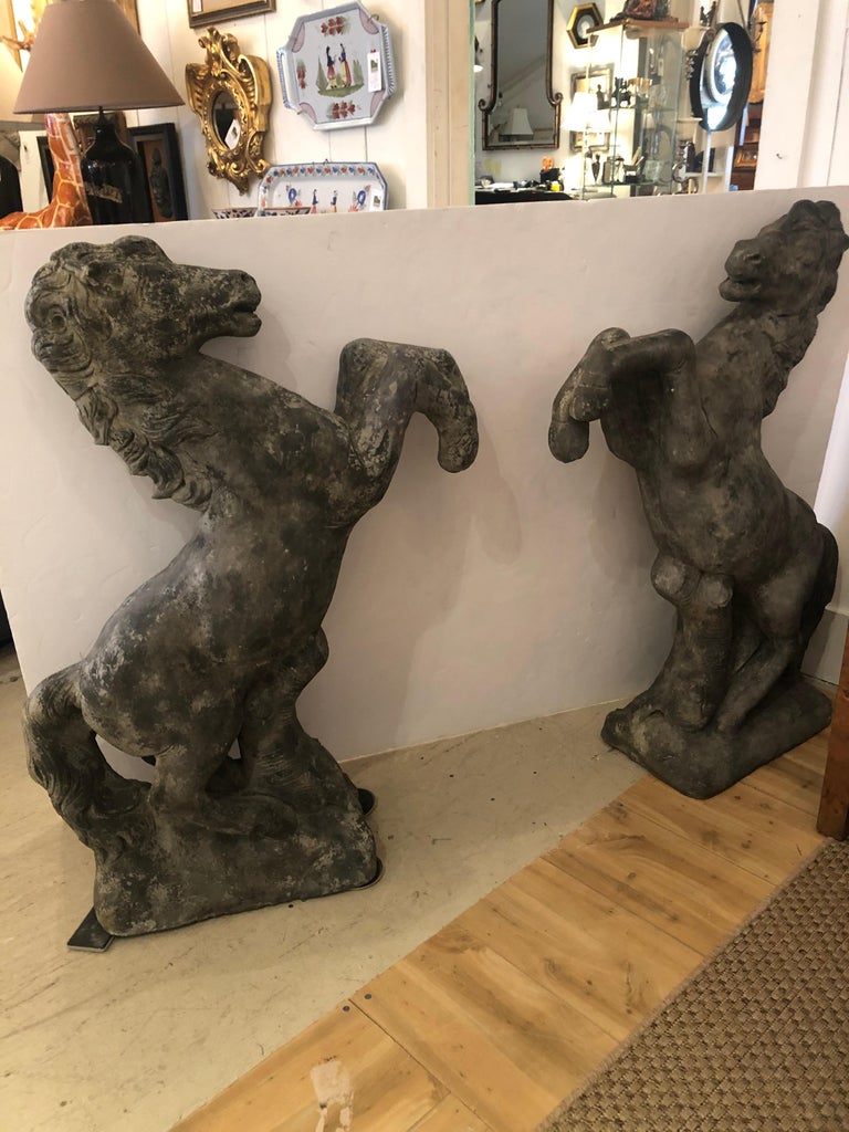 Impressive Pair of Large Vintage Statuesque Horse Garden Statues at