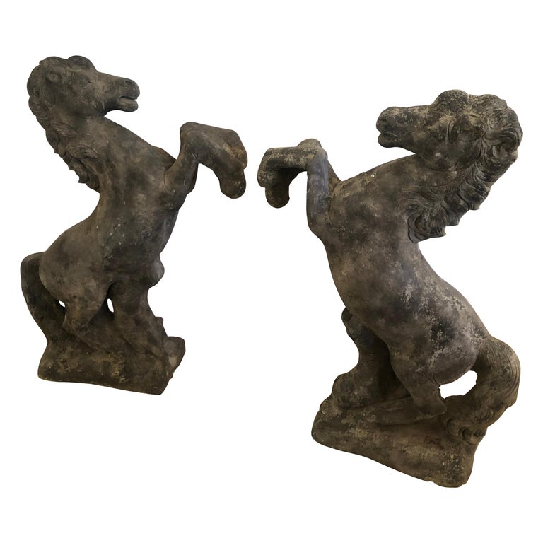 Impressive Pair of Large Vintage Statuesque Horse Garden Statues at