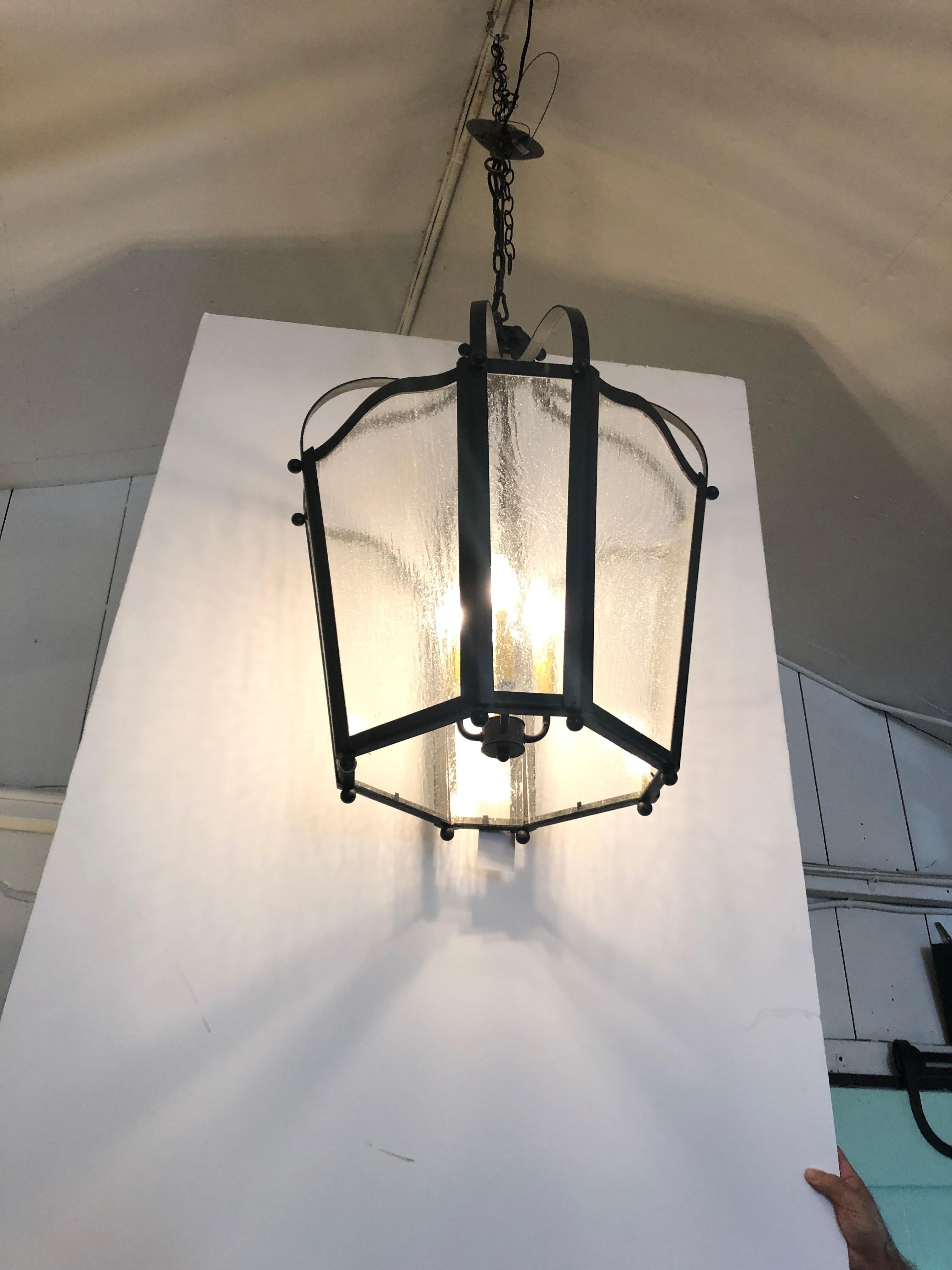 American Impressive Large Wrought Iron and Vintage Glass Lantern