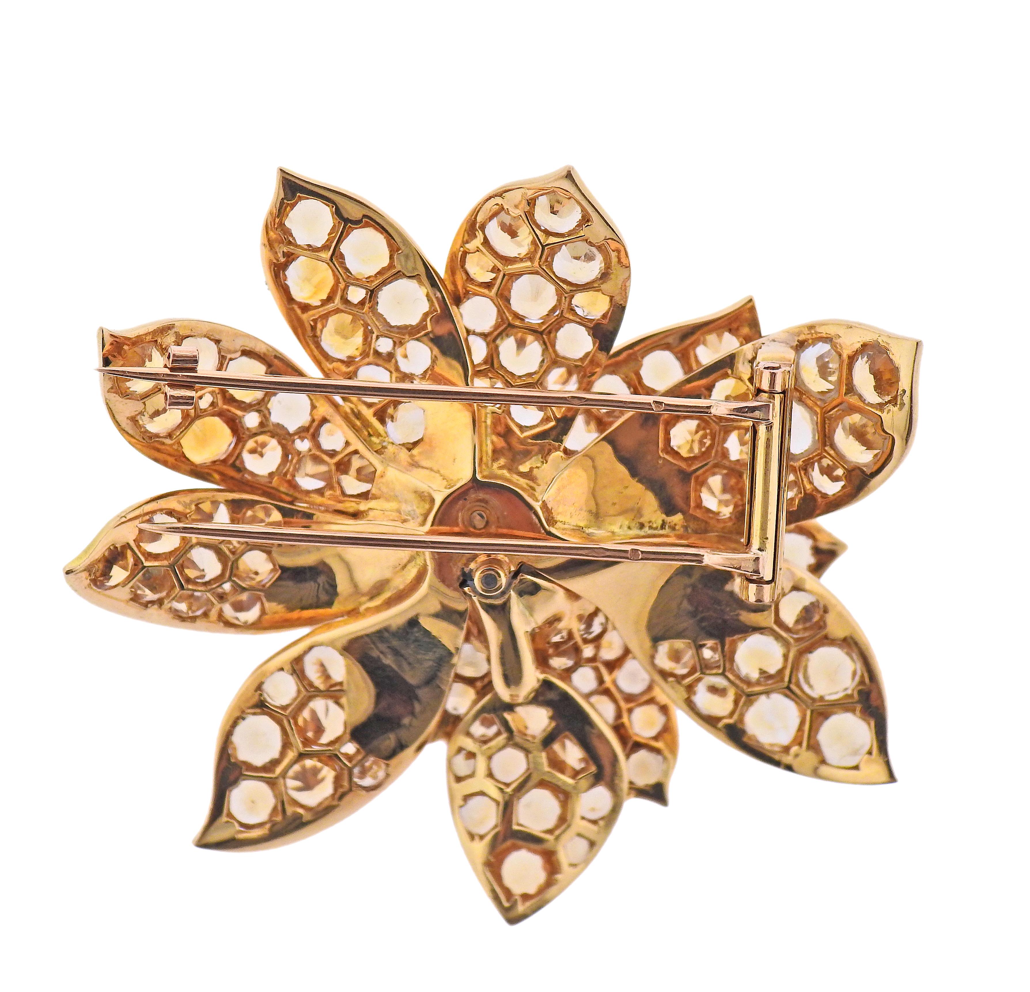 Round Cut Impressive Large Yellow Sapphire Gold Flower Brooch For Sale