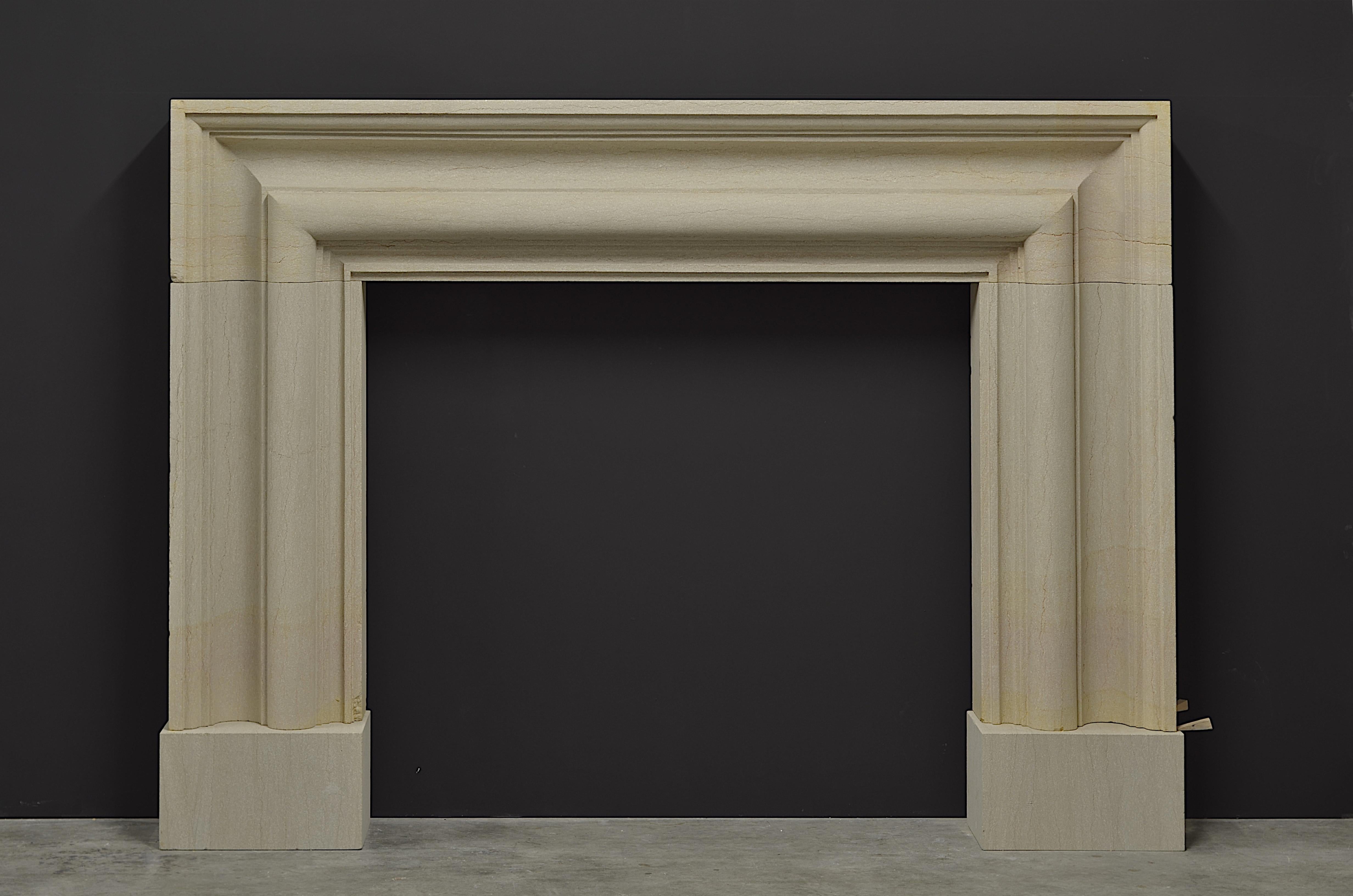 Very impressive moulded bolection fireplace in French limestone. 
This limestone is called 