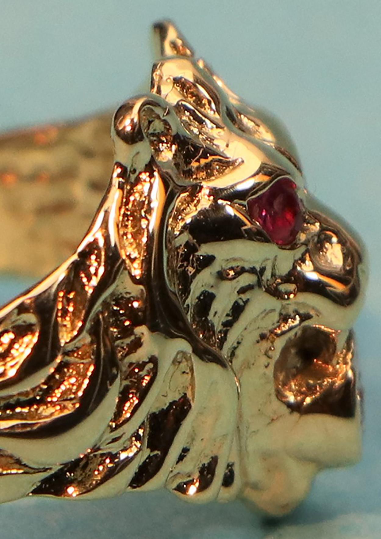 Beeindruckender Löwenkopf-Ring, Löwen-Ring, aus 585 Gold, Diamant und Rubinen (Rundschliff) im Angebot