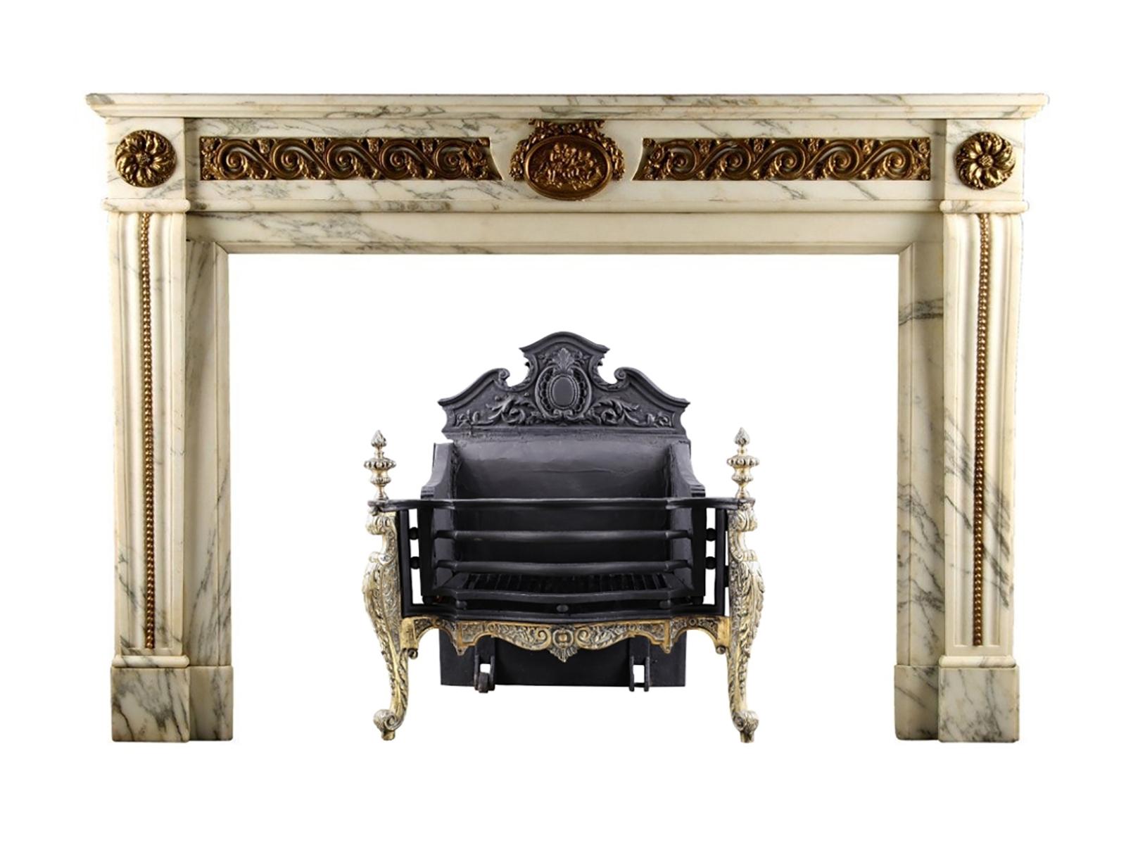 Impressive Louis XVI Regency fireplace mantel

An Impressive Louis XVI fireplace mantel in the French Regency manner, in nicely veined white Pavonazzo marble, decorated with very fine quality gilt-bronze vitruvian scrolls, representing the waves,