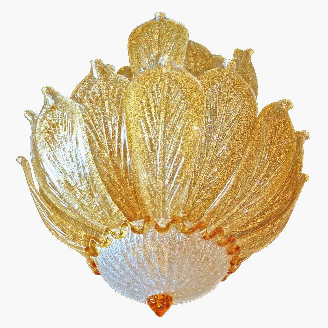Impressive stunning and rare 26 gold leaf Venetian Murano chandelier by Barovier & Toso. Handblown textured crystal sparkling glass with gold inclusion. This gorgeous light fixture is suspended by a High Quality 24-karat gold-plated brass
