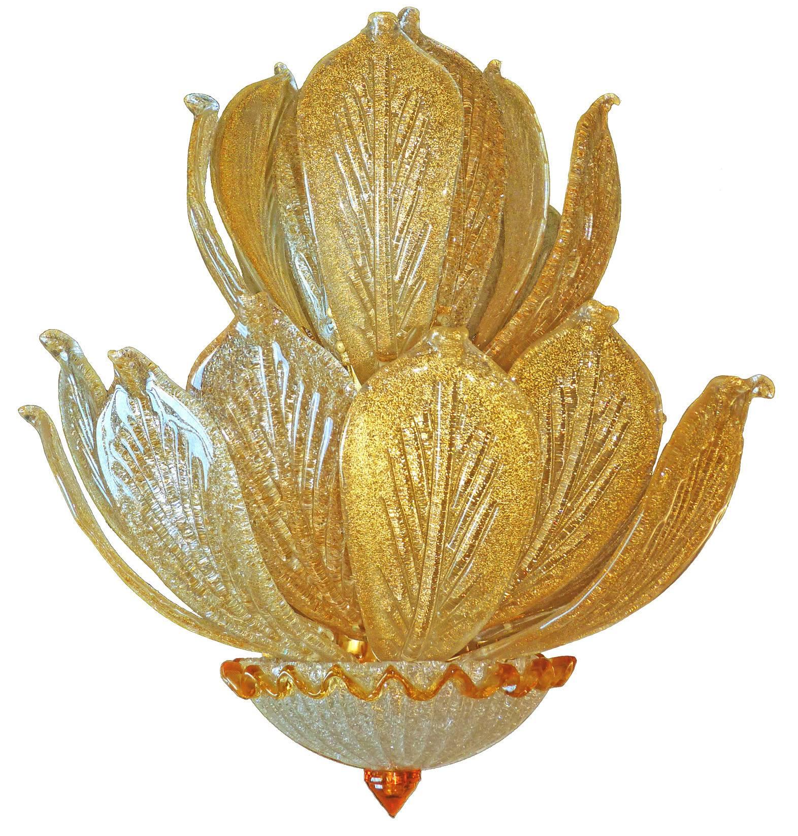 Hollywood Regency Impressive Luxury Barovier & Toso Gold Leaf Chandelier Venini Murano Amber Glass