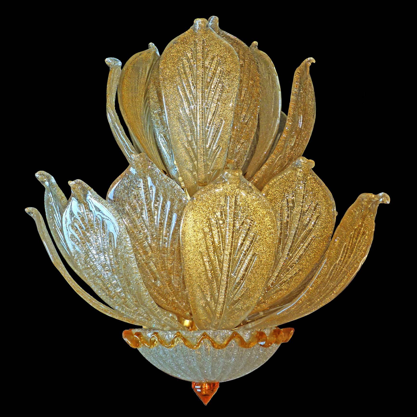 Brass Impressive Luxury Barovier & Toso Gold Leaf Chandelier Venini Murano Amber Glass