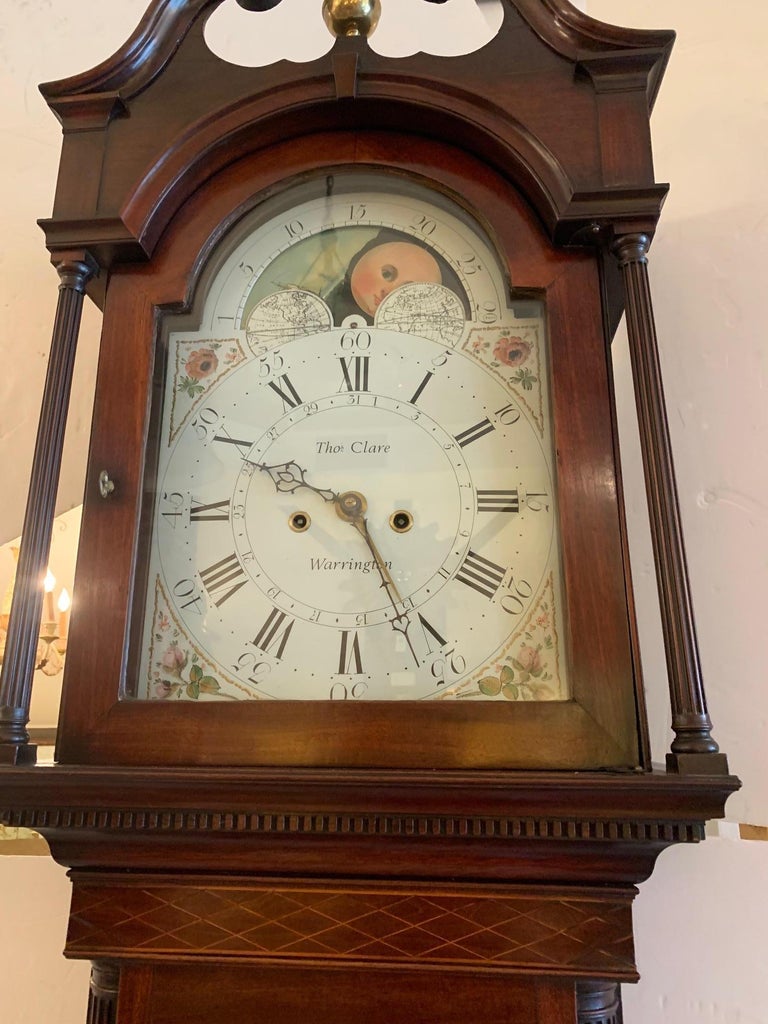 Impressive Mahogany Moon Phase Grandfather Clock by Clare Warrington Sweep For Sale at 1stDibs